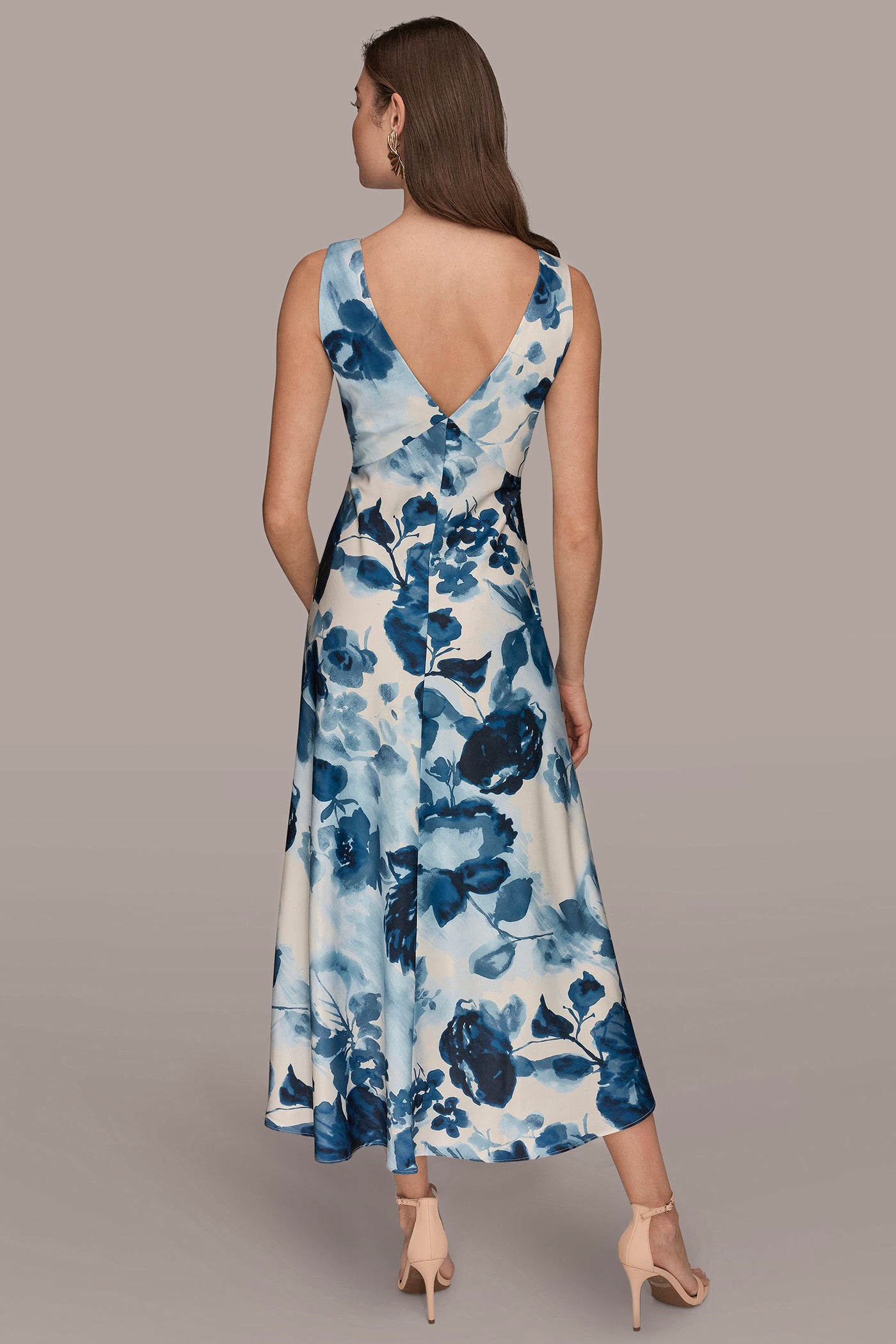 SATIN SLEEVELESS FLORAL MIDI A-LINE DRESS