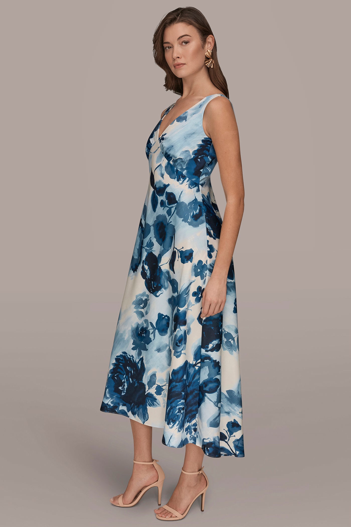 SATIN SLEEVELESS FLORAL MIDI A-LINE DRESS VIEW 3 | New Dresses