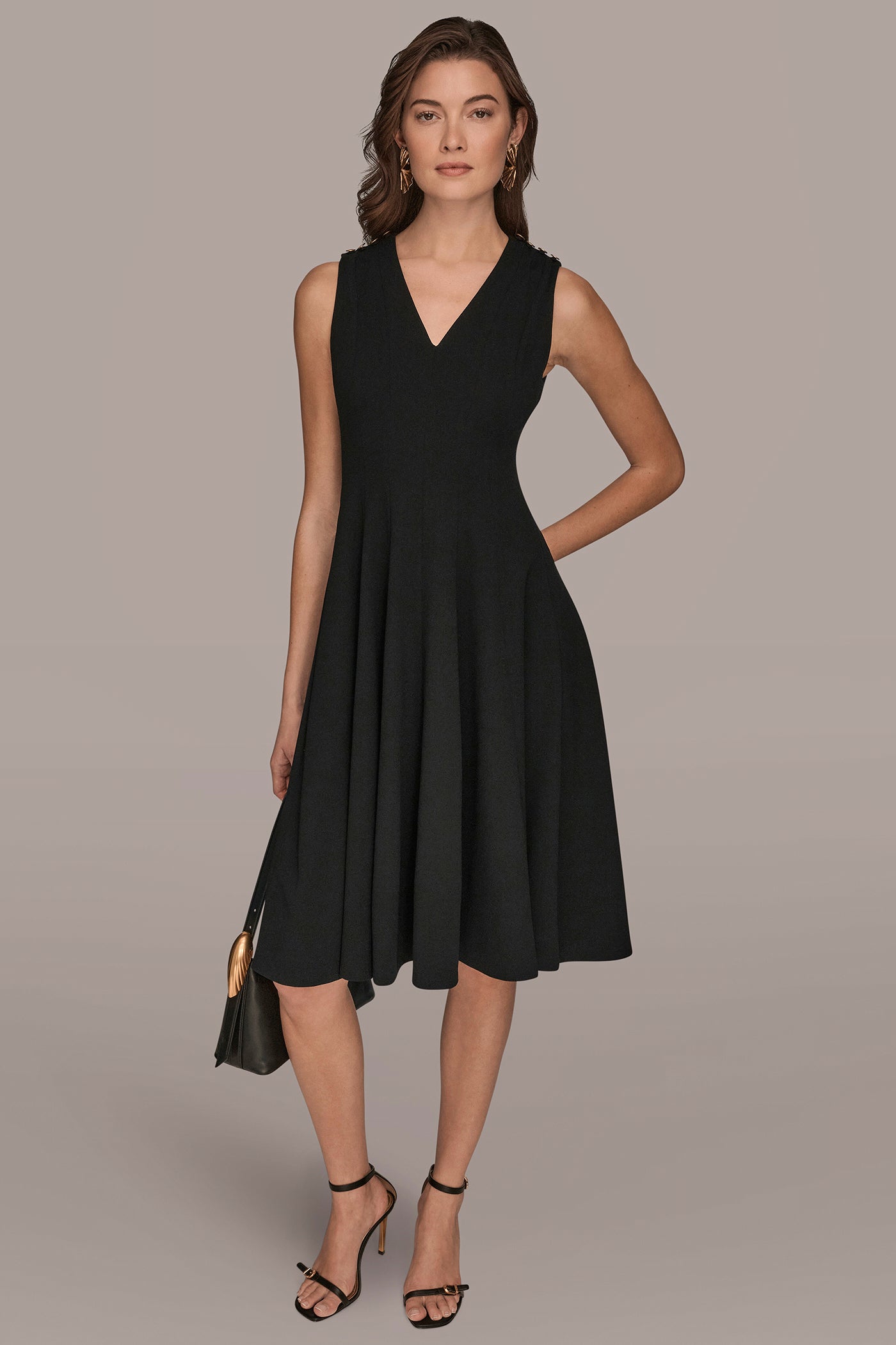 Donna Karan Women's Sleeveless Button Midi Fit And Flare Dress in Black Donna Karan Women's Sleeveless Button Midi Fit And Flare Dress in Black