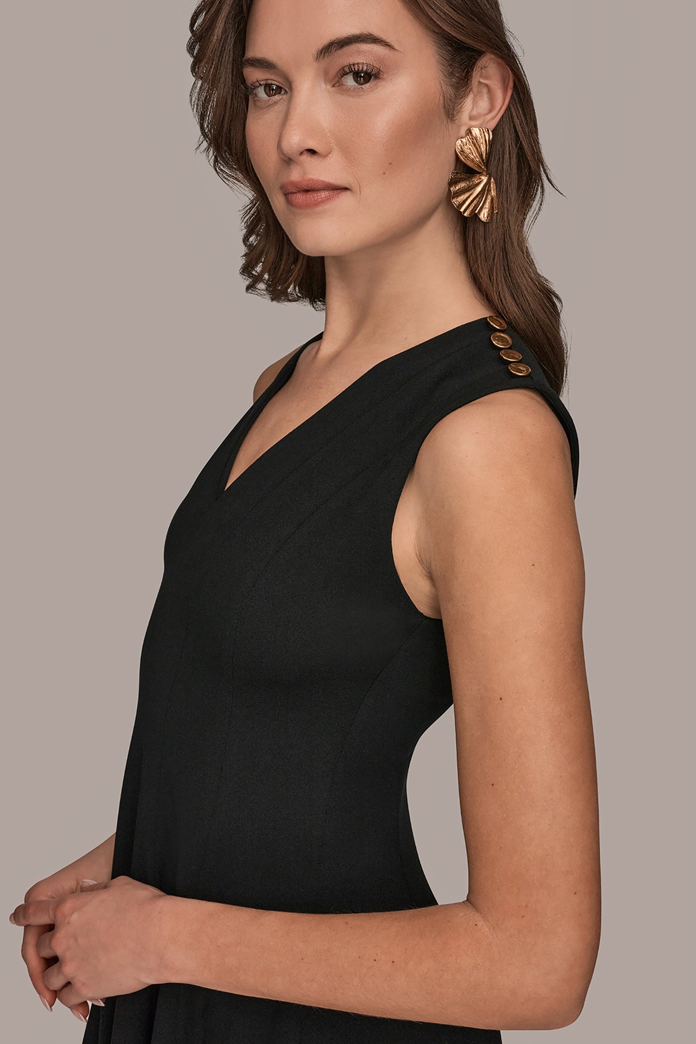 Donna Karan Women's Sleeveless Button Midi Fit And Flare Dress in Black Donna Karan Women's Sleeveless Button Midi Fit And Flare Dress in Black