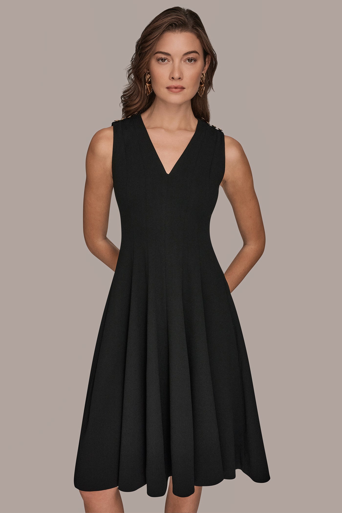 Donna Karan Women's Sleeveless Button Midi Fit And Flare Dress in Black Donna Karan Women's Sleeveless Button Midi Fit And Flare Dress in Black