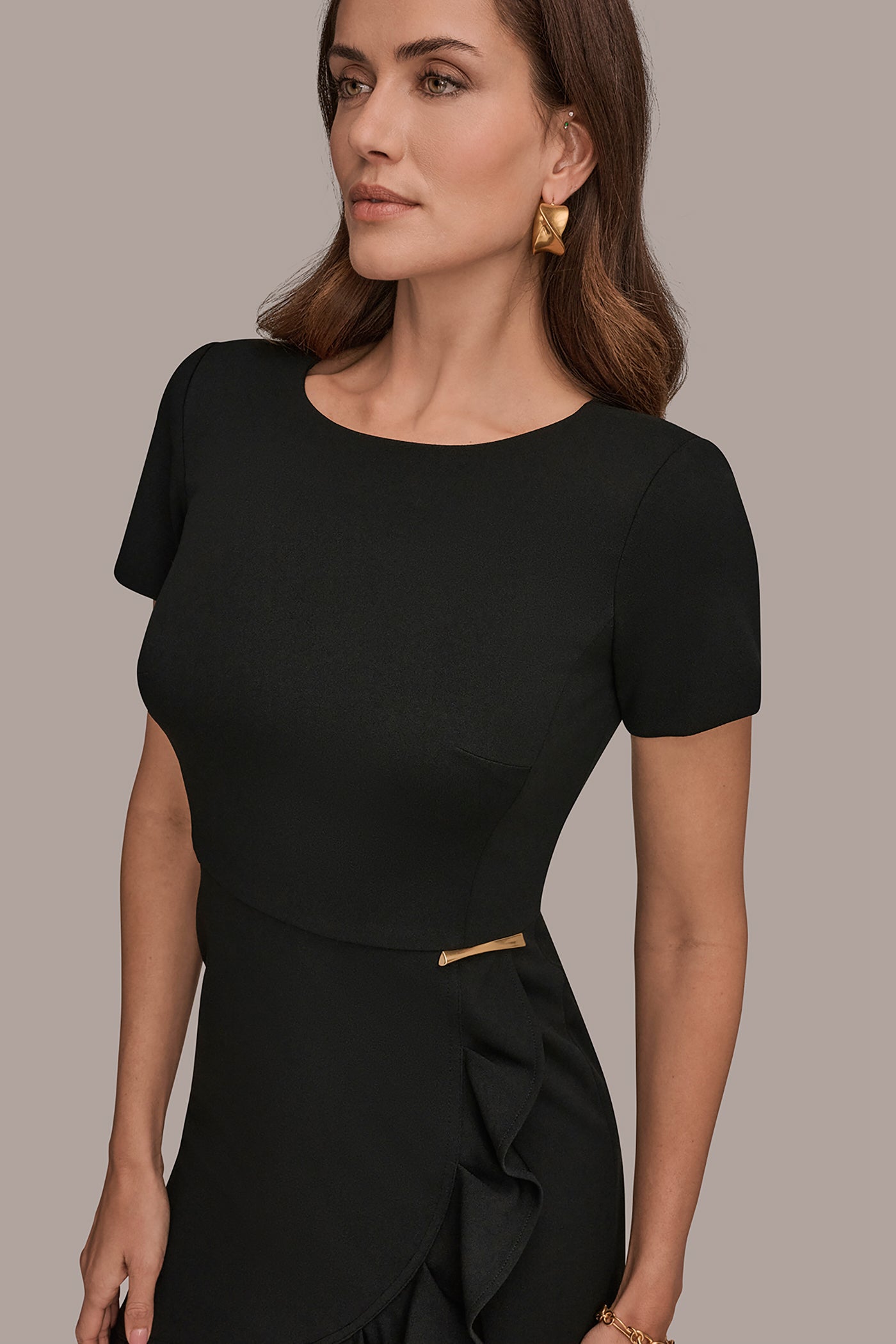 Donna Karan Women's Short Sleeve Asymmetric Ruffle Sheath Dress in Black Donna Karan Women's Short Sleeve Asymmetric Ruffle Sheath Dress in Black