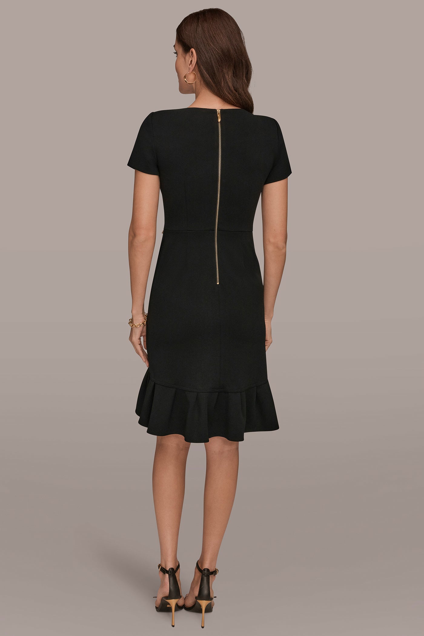 Donna Karan Women's Short Sleeve Ruffle Sheath Dress in Black Donna Karan Women's Short Sleeve Ruffle Sheath Dress in Black