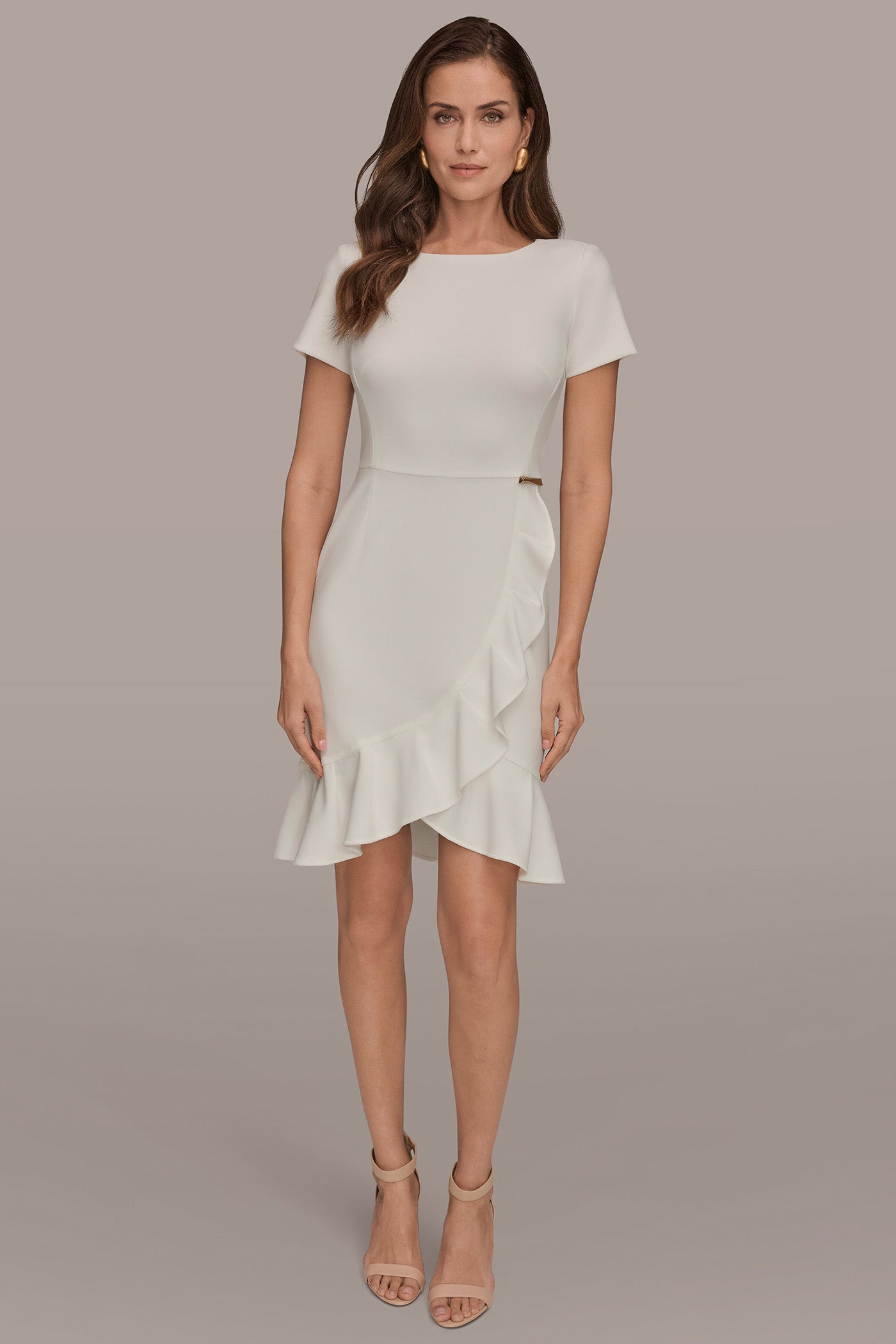 Donna Karan Women's Short Sleeve Ruffle Sheath Dress in Cream Donna Karan Women's Short Sleeve Ruffle Sheath Dress in Cream