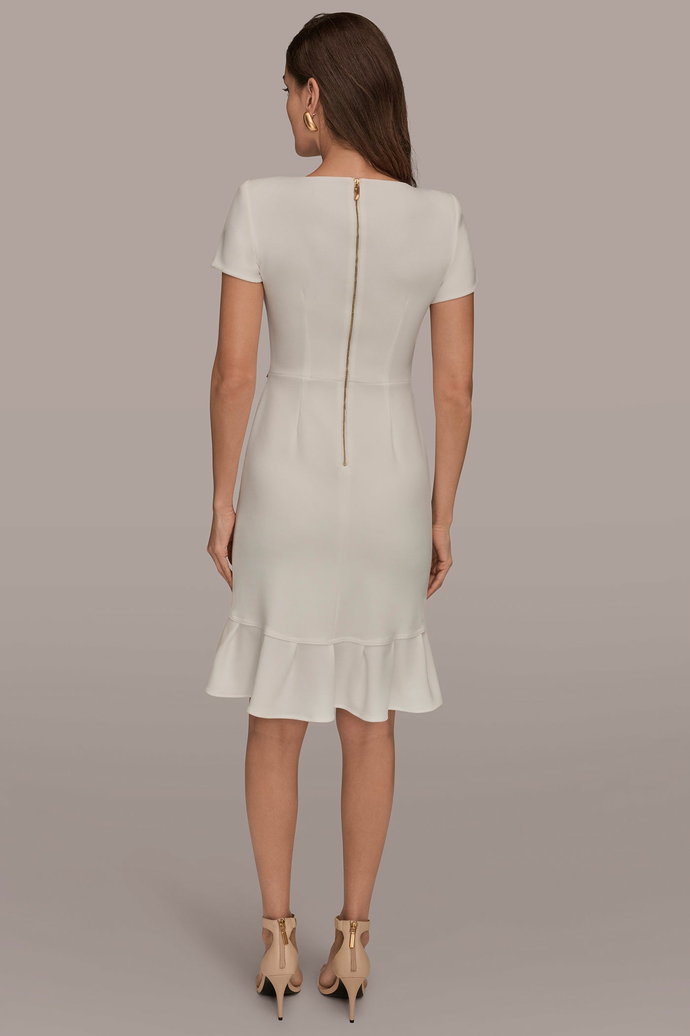 short ruffle white dress Donna Karan Women's Short Sleeve Ruffle Sheath Dress in Cream