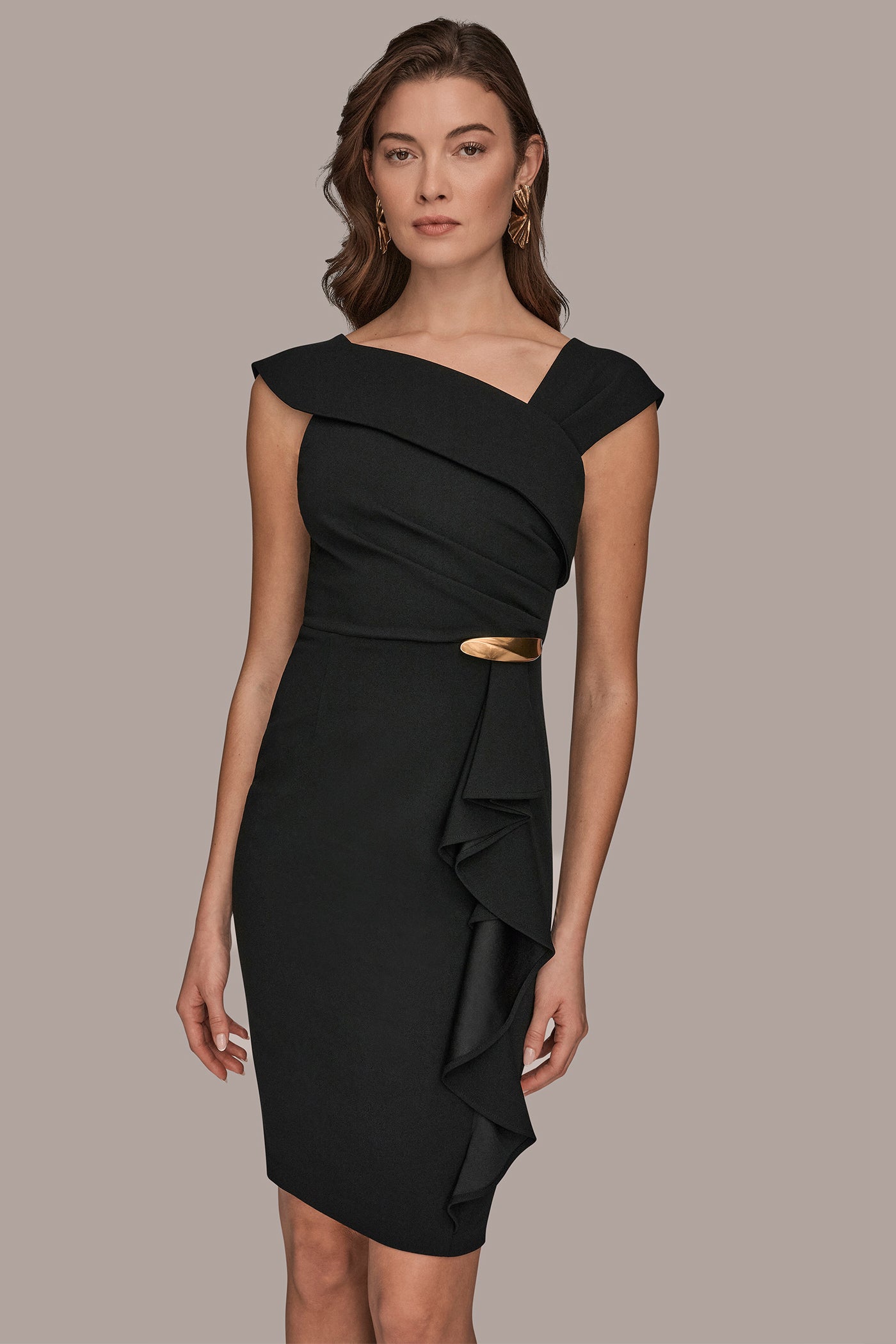 Short Sleeve Asymmetric Ruffle Sheath Dress | Sheath Dress | Donna Karan Short Sleeve Asymmetric Ruffle Sheath Dress | Sheath Dress | Donna Karan