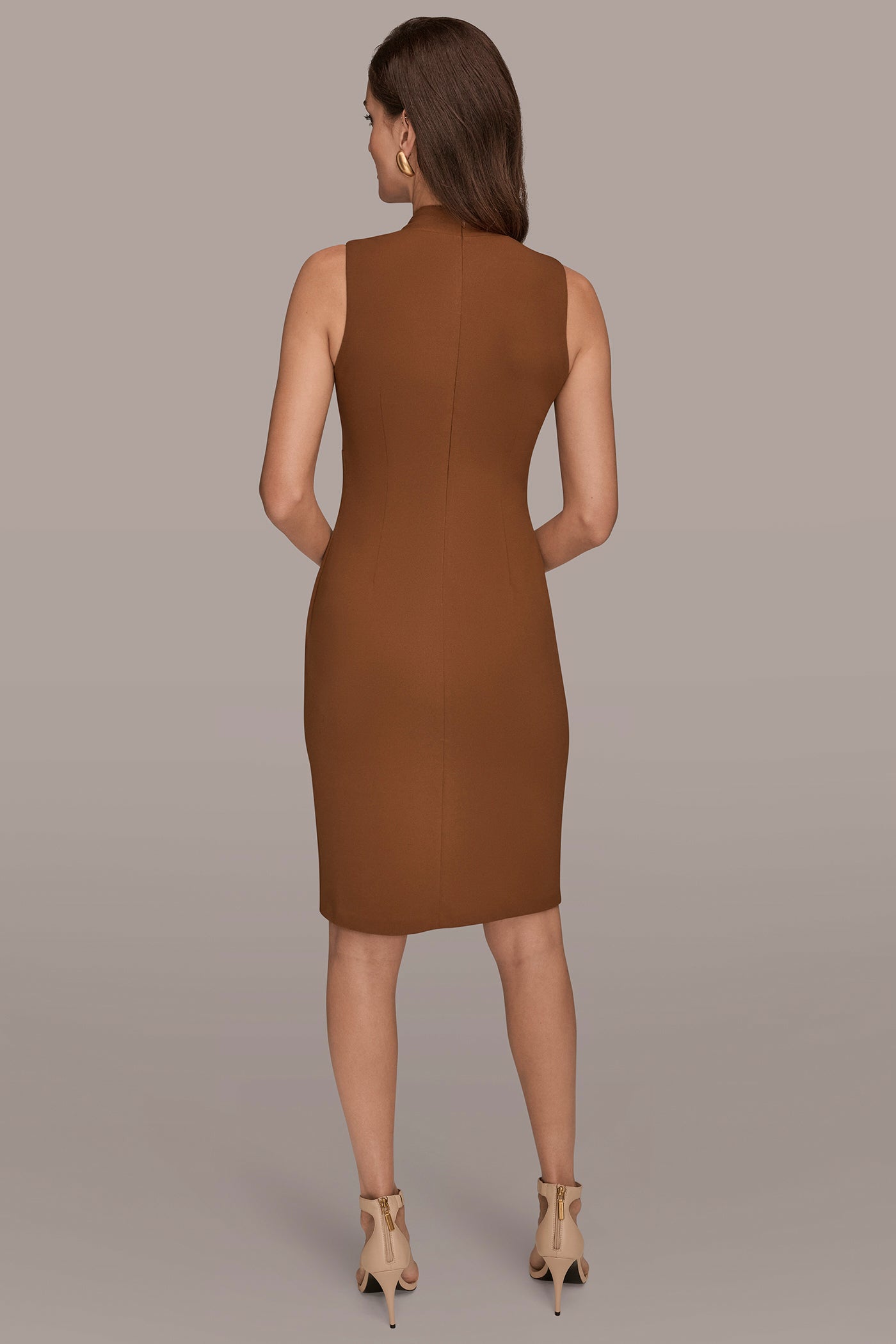 brown sheath dress Women's Outfit: Dark Brown Suede Sheath Dress, Black Leather Ankle Boots