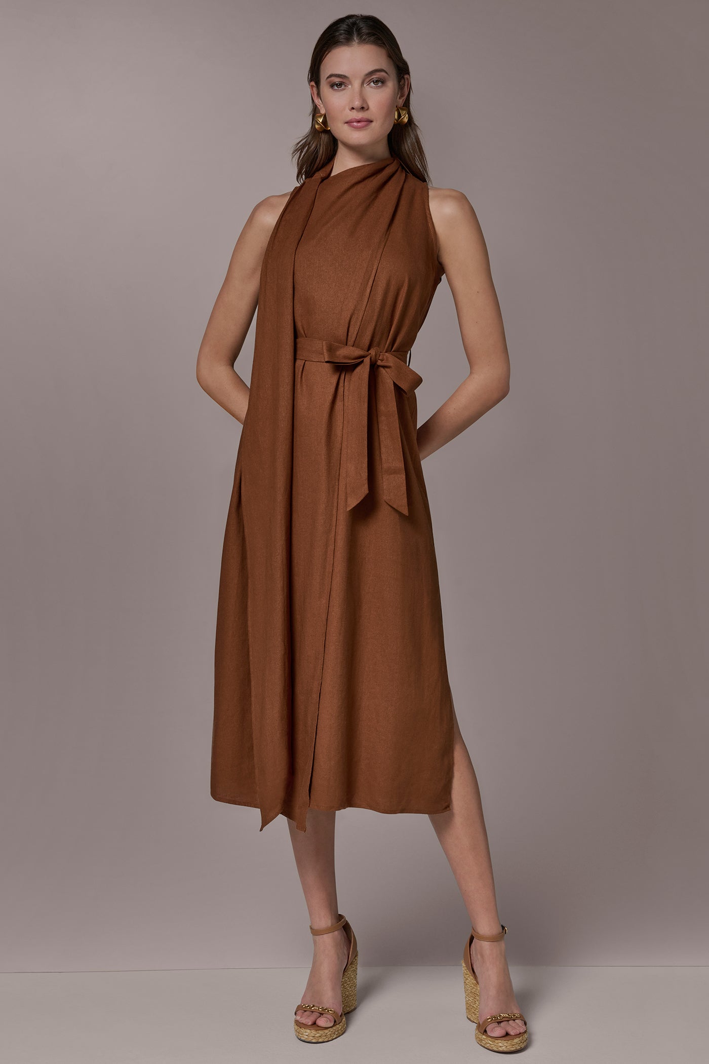 Donna Karan Women's Sleeveless Scarf Midi A-Line Dress in Cognac Donna Karan Women's Sleeveless Scarf Midi A-Line Dress in Cognac