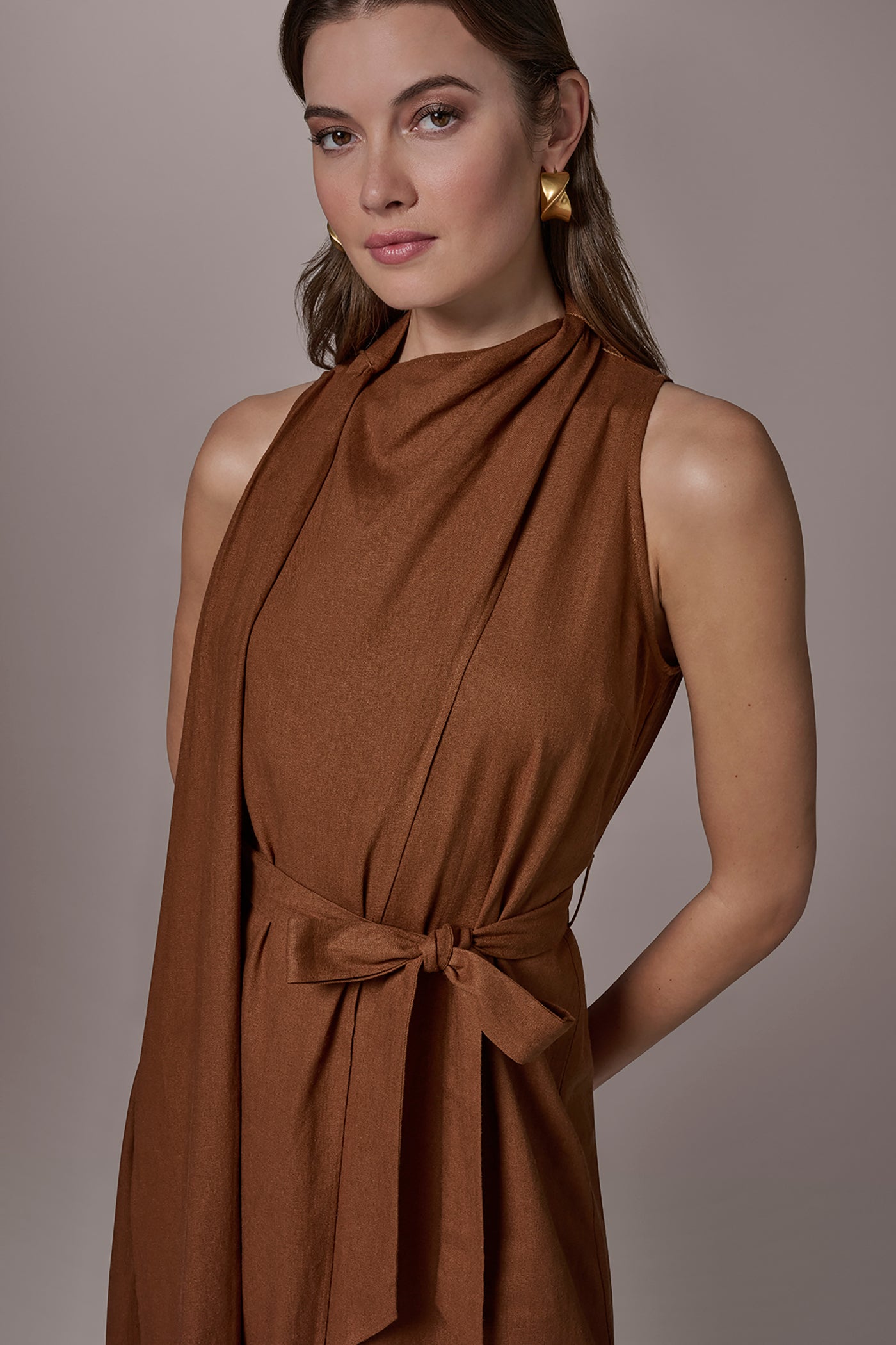 Donna Karan Women's Sleeveless Scarf Midi A-Line Dress in Cognac Donna Karan Women's Sleeveless Scarf Midi A-Line Dress in Cognac