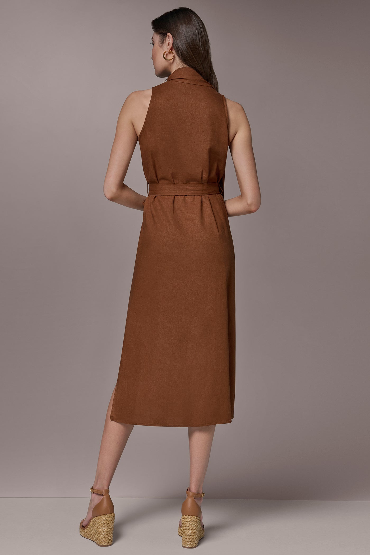 Donna Karan Women's Sleeveless Scarf Midi A-Line Dress in Cognac Brown, Size 6