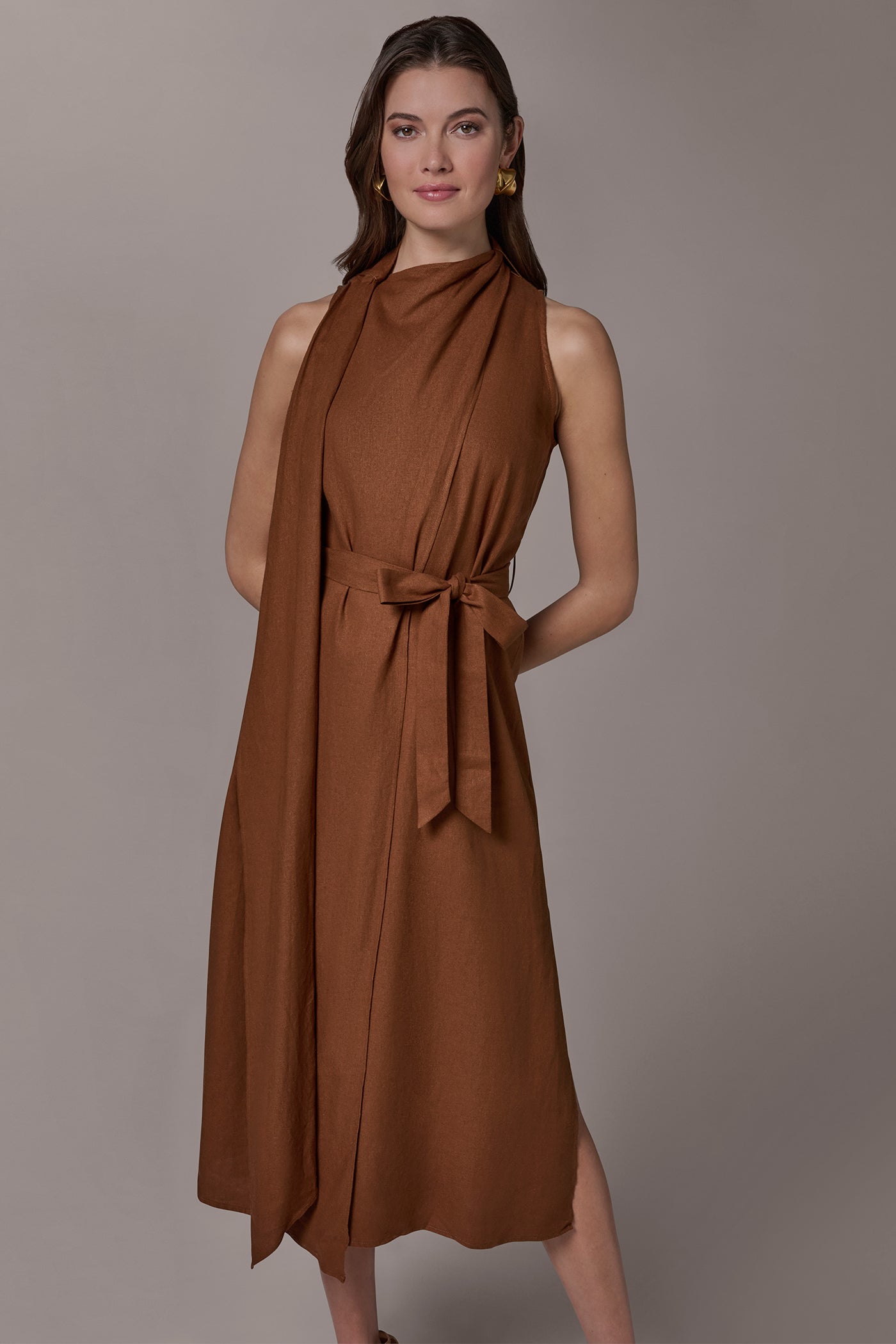 LINEN NECK SCARF A LINE MIDI VIEW 4 | Essential Dresses