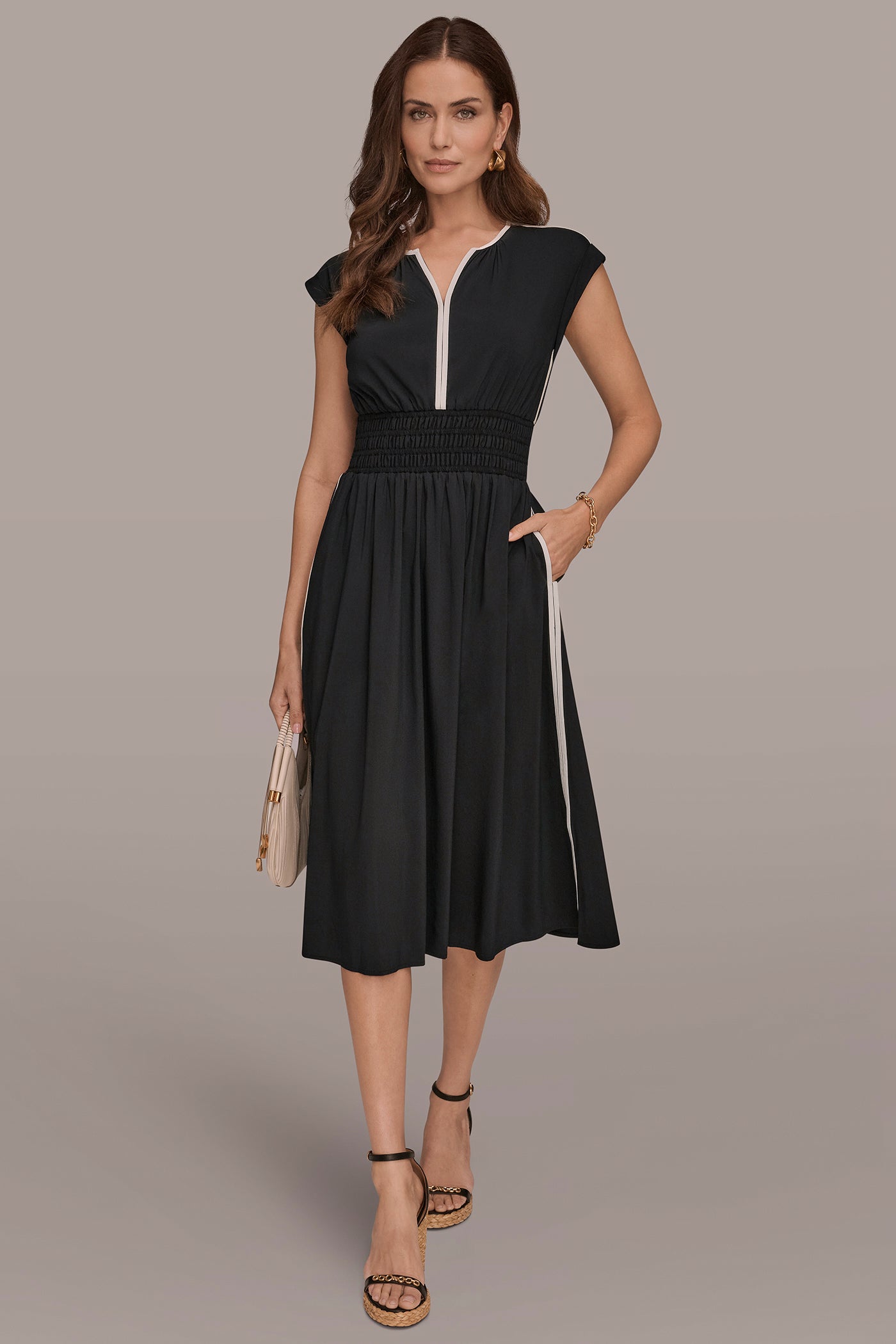CAP-SLEEVE PIPED MIDI A-LINE DRESS | View 1 | New Dresses