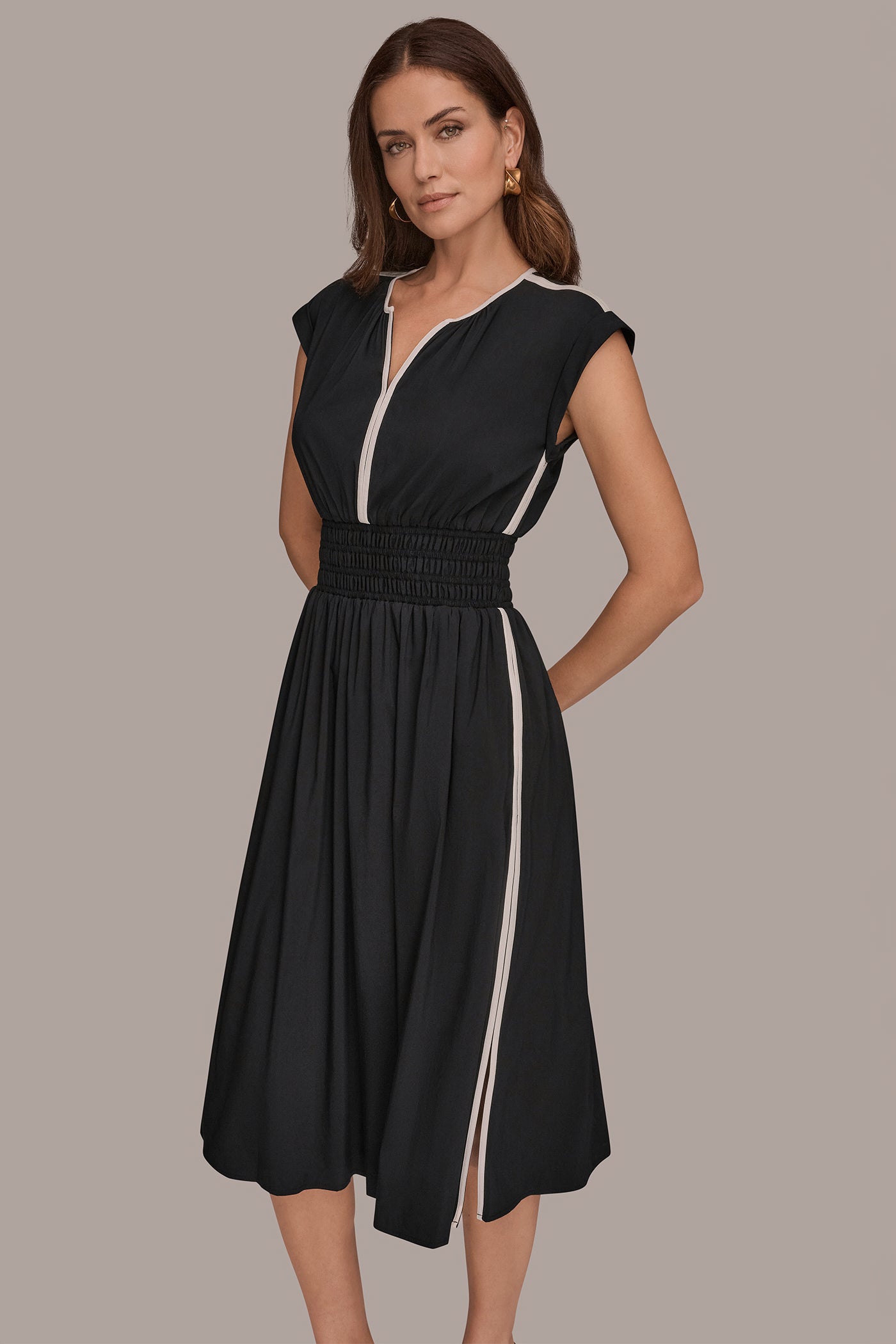 CAP-SLEEVE PIPED MIDI A-LINE DRESS VIEW 6 | New Dresses