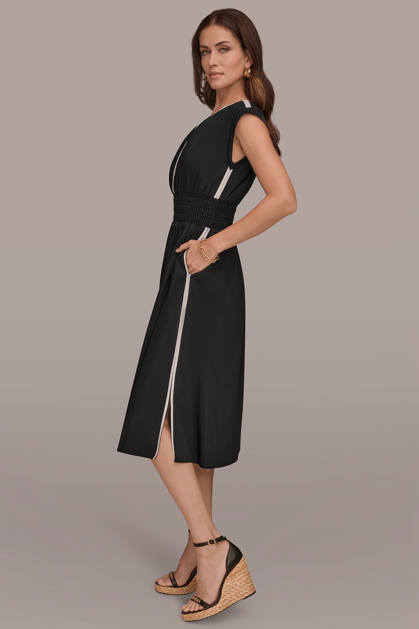 Cap Sleeve Piped Midi A Line Dress | A-Line Dress | Donna Karan Cap Sleeve Piped Midi A Line Dress | A-Line Dress | Donna Karan