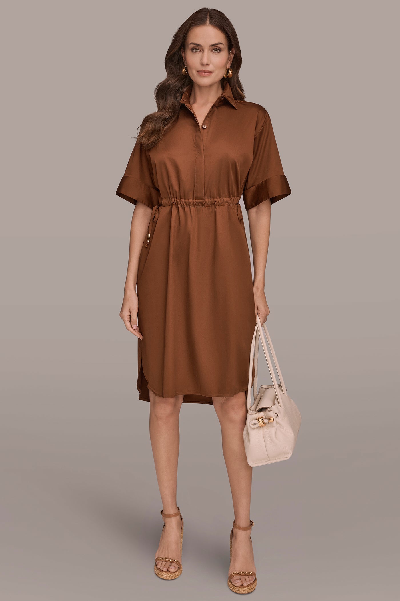 Cotton Sateen Drawstring Shirt Dress | Shirt Dress