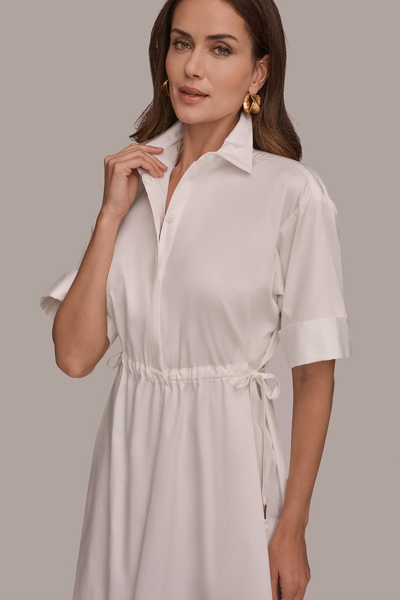 Donna Karan Women's Cotton-Sateen Drawstring Shirt Dress in Cream Donna Karan Women's Cotton-Sateen Drawstring Shirt Dress in Cream