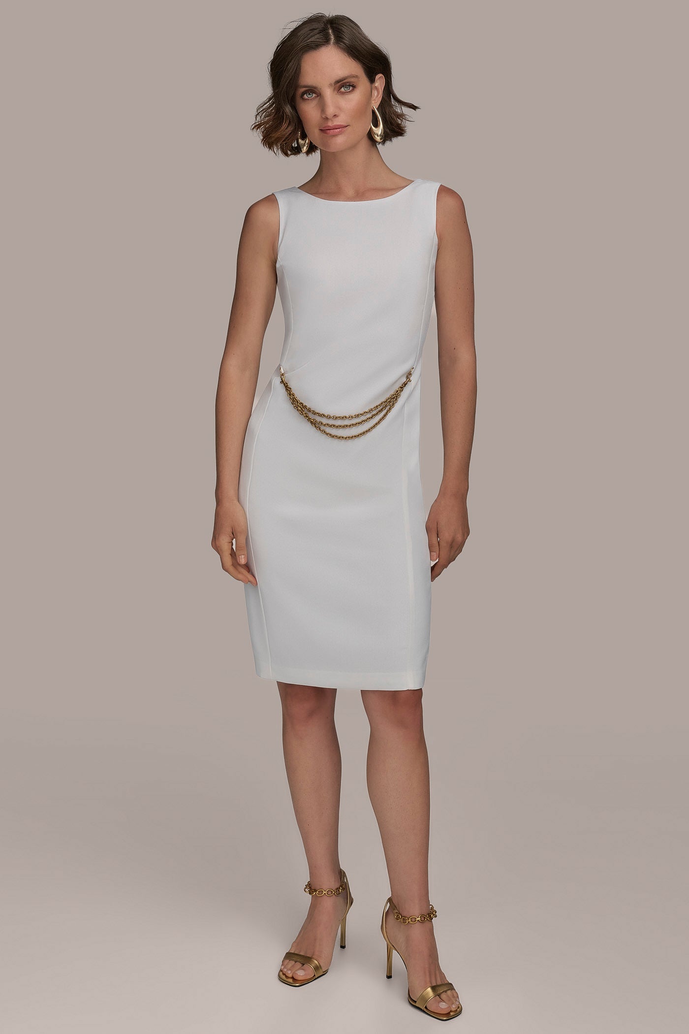 BOAT NECK SHEATH WITH CHAIN BELT | View 1 | Dresses & Jumpsuits