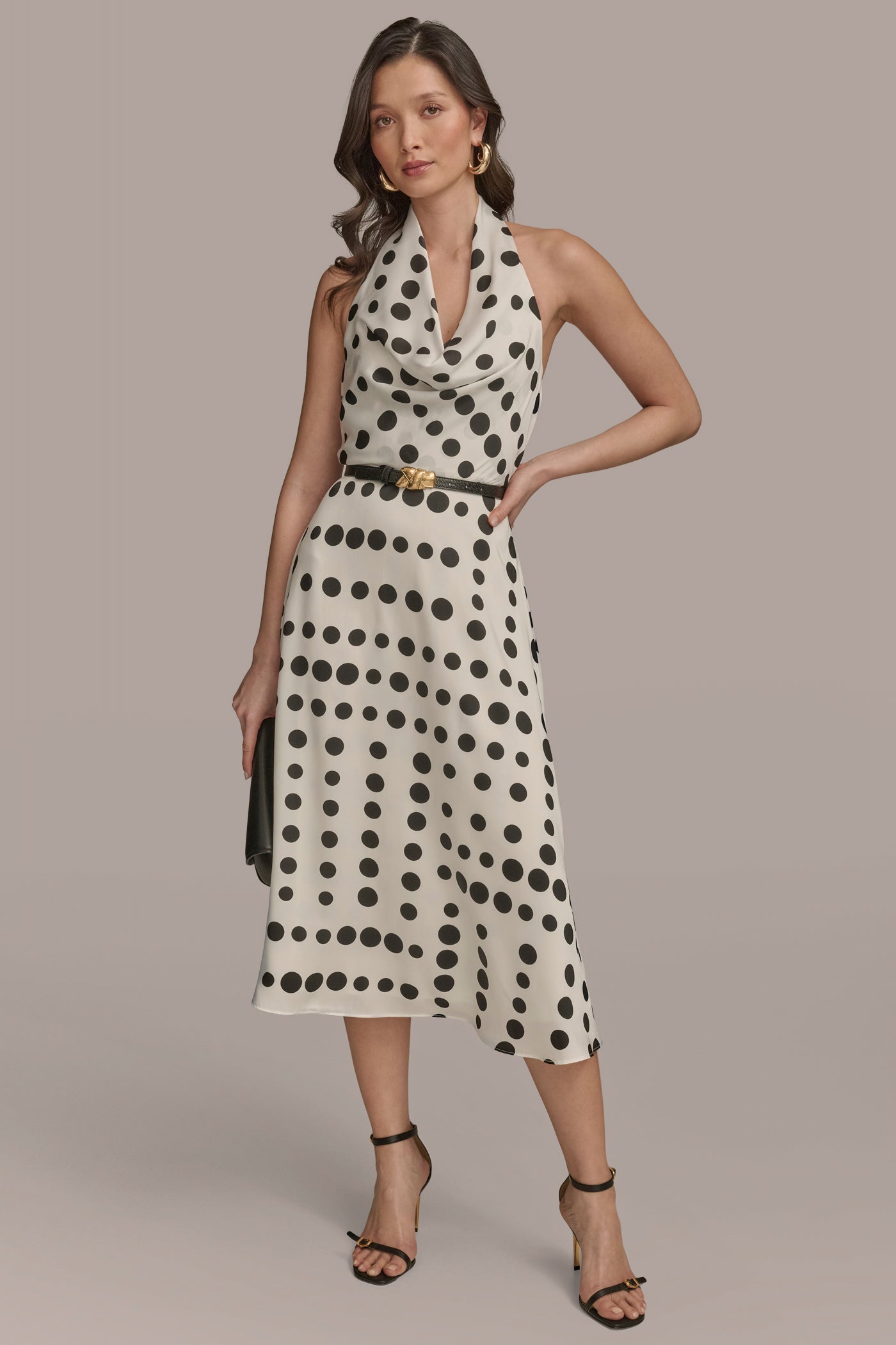 HALTER COWL NECK POLKA DOT A-LINE DRESS VIEW 4 | Essential Dresses