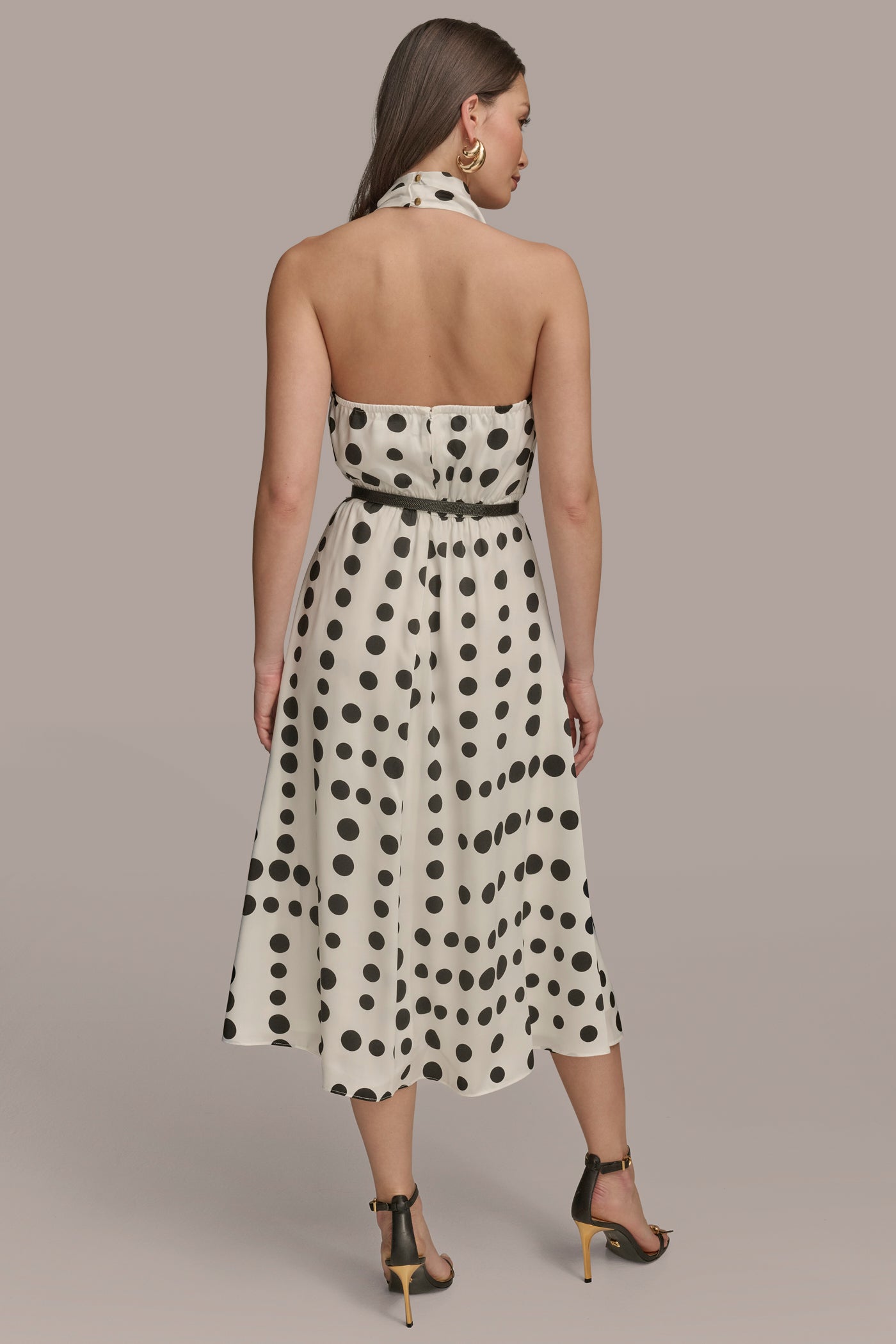 HALTER COWL NECK POLKA DOT A-LINE DRESS | View 2 | Essential Dresses