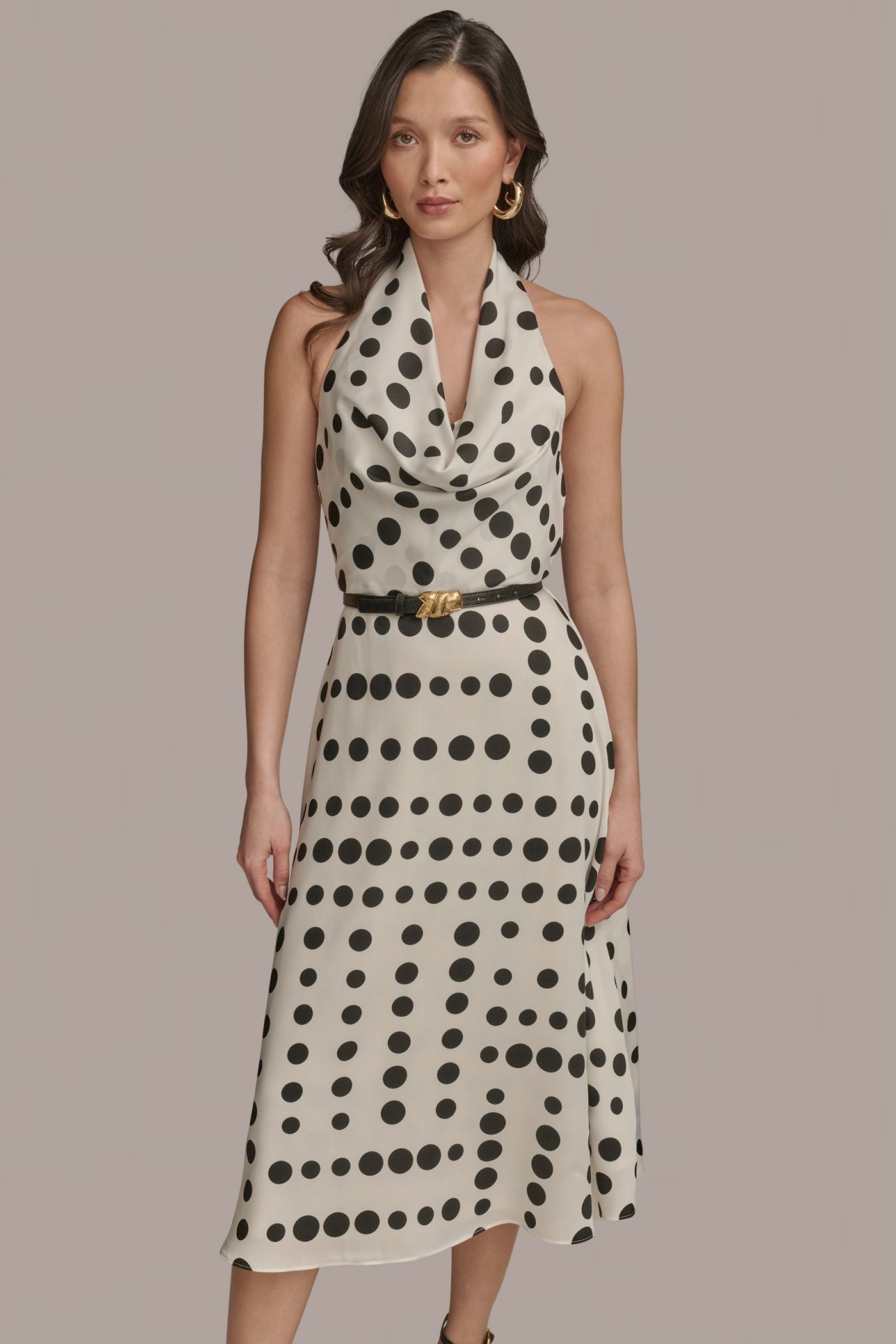 HALTER COWL NECK POLKA DOT A-LINE DRESS VIEW 5 | Essential Dresses