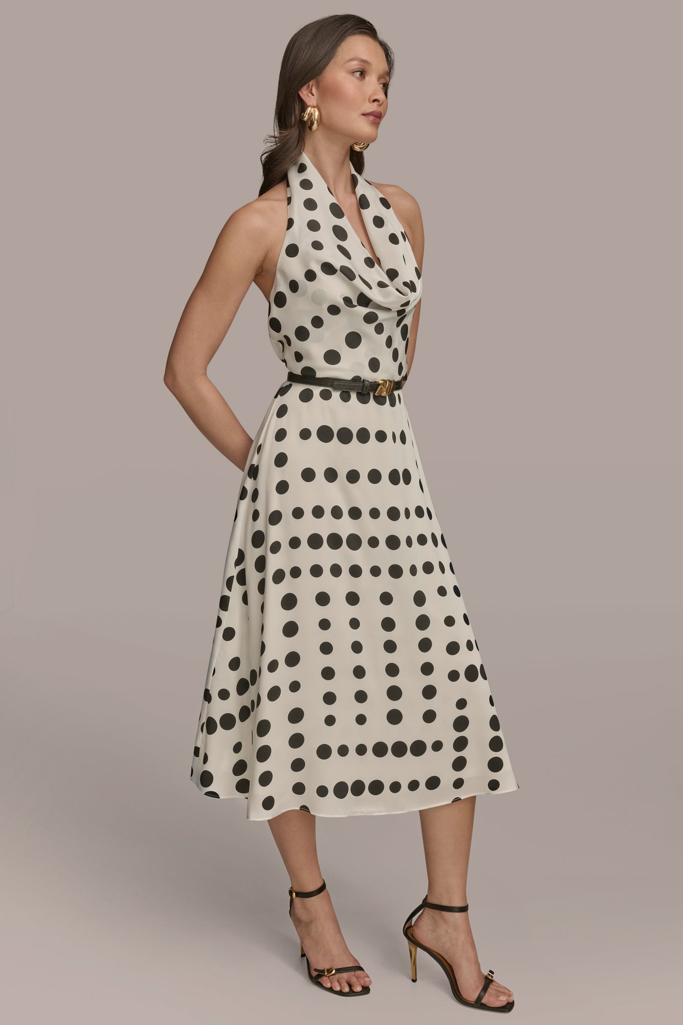 HALTER COWL NECK POLKA DOT A-LINE DRESS VIEW 3 | Essential Dresses