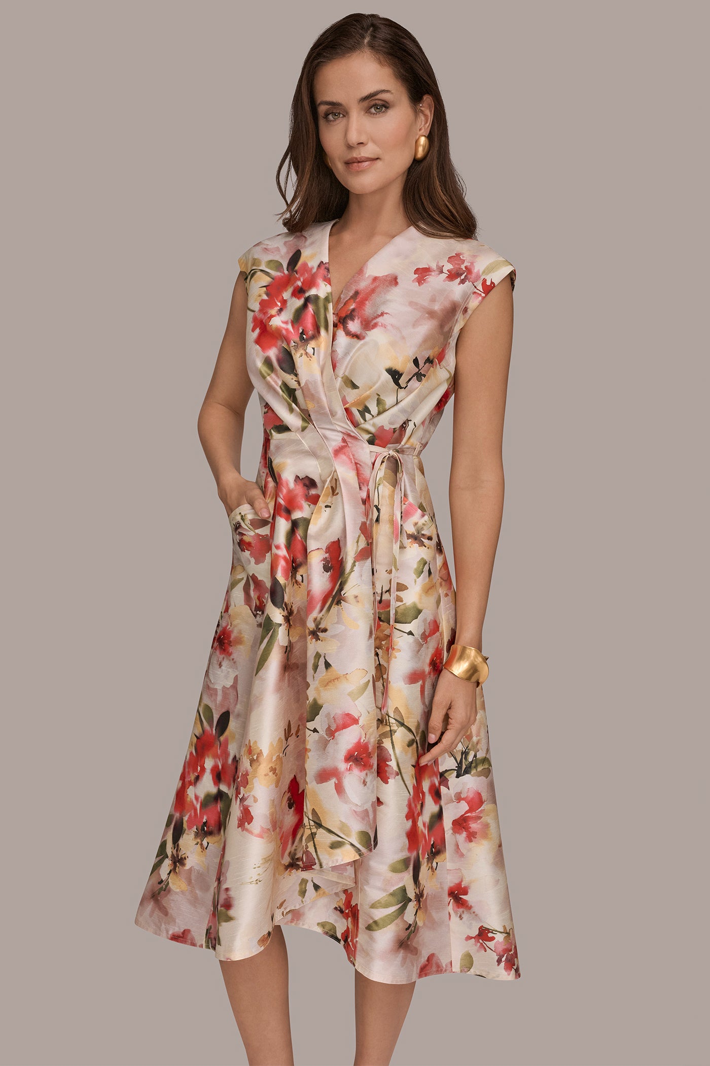 Donna Karan Women's Dupioni Floral Wrap Dress in Eggshell MULTI Donna Karan Women's Dupioni Floral Wrap Dress in Eggshell MULTI