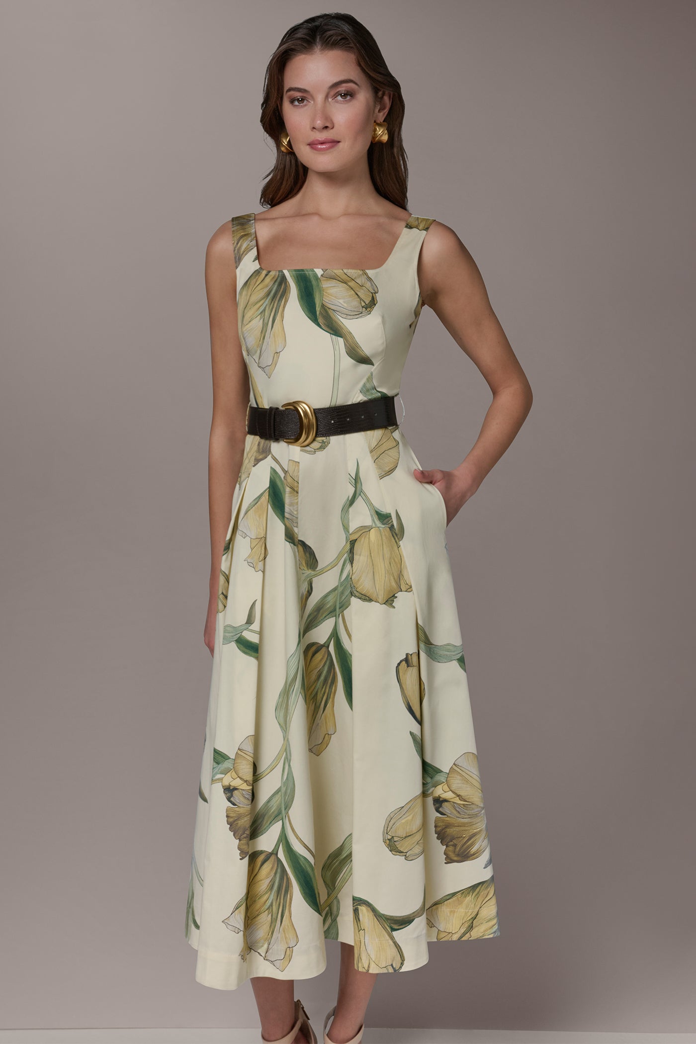 Donna Karan New York Plus Size Square Neck Belted Printed Midi Dress - Panna Cotta Multi Donna Karan New York Plus Size Square Neck Belted Printed Midi Dress - Panna Cotta Multi