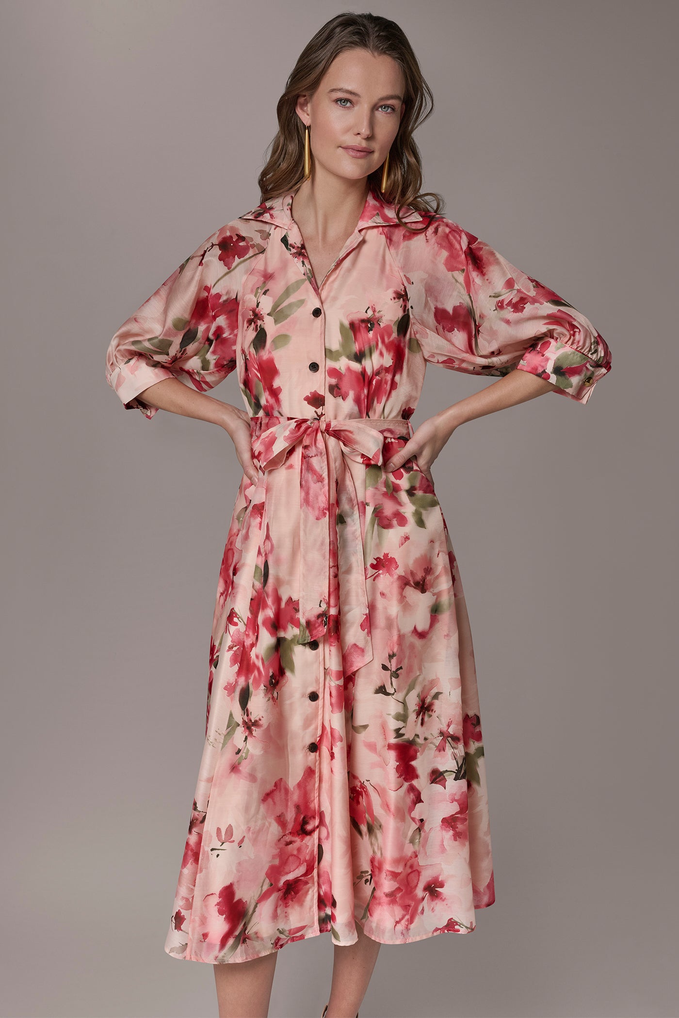 midi length shirt dresses Donna Karan Women's Organza Floral Midi Shirt Dress in Geranium Multi
