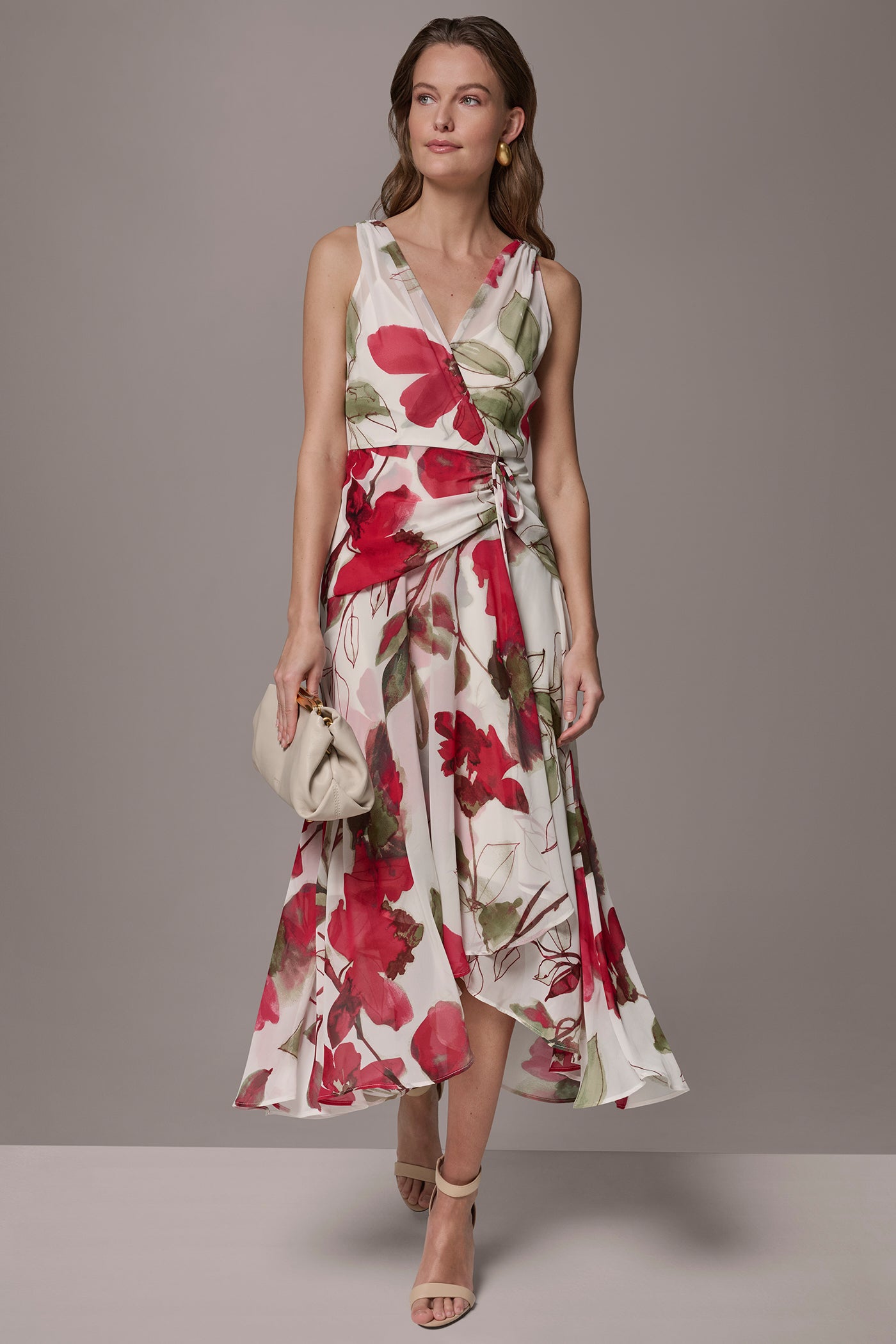 CHIFFON FLORAL WRAP-EFFECT MIDI A-LINE DRESS | View 1 | New clothing