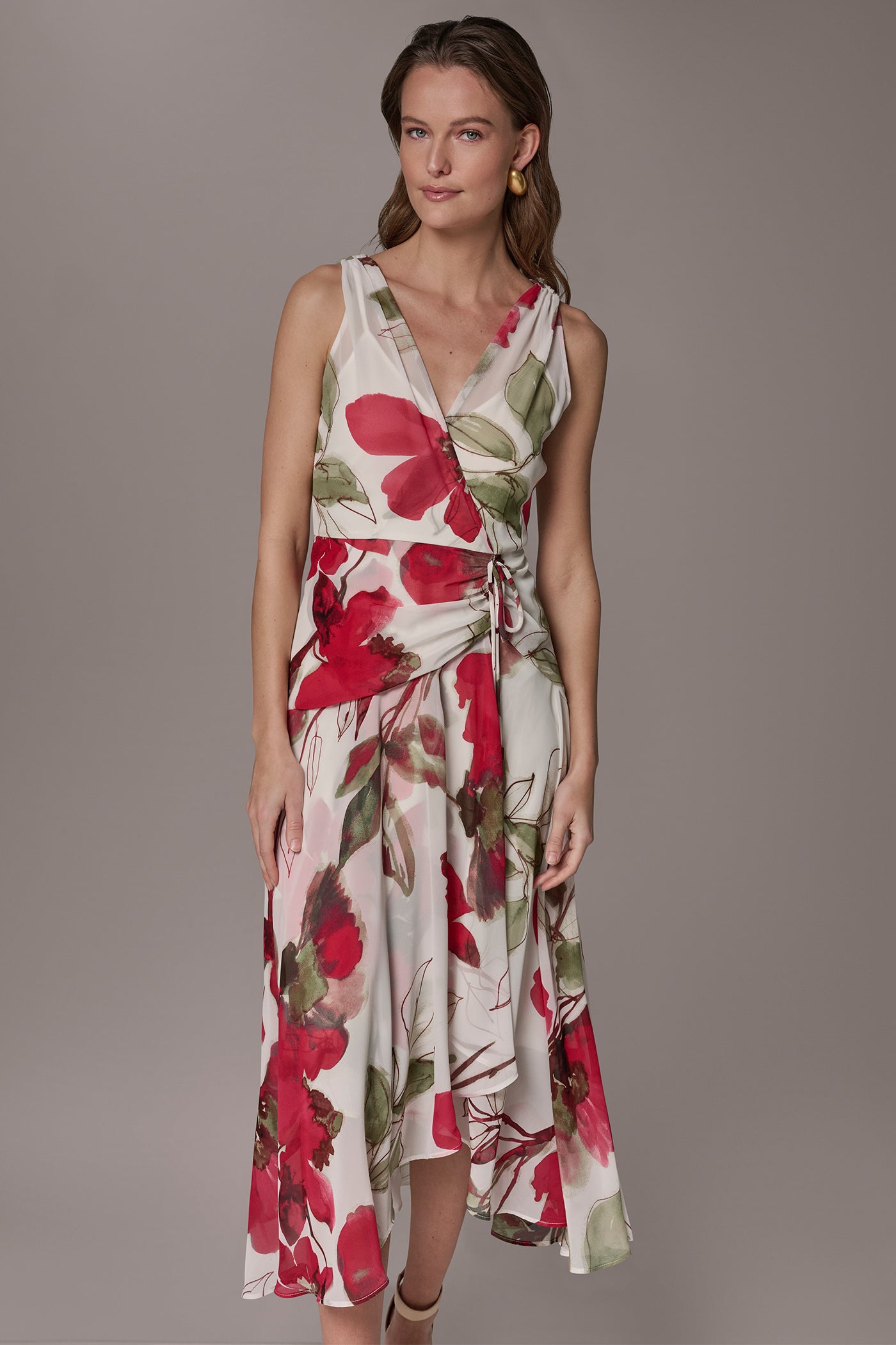 Donna Karan Women's Chiffon Floral Wrap Midi A-Line Dress in Azalea Multi Donna Karan Women's Chiffon Floral Wrap Midi A-Line Dress in Azalea Multi