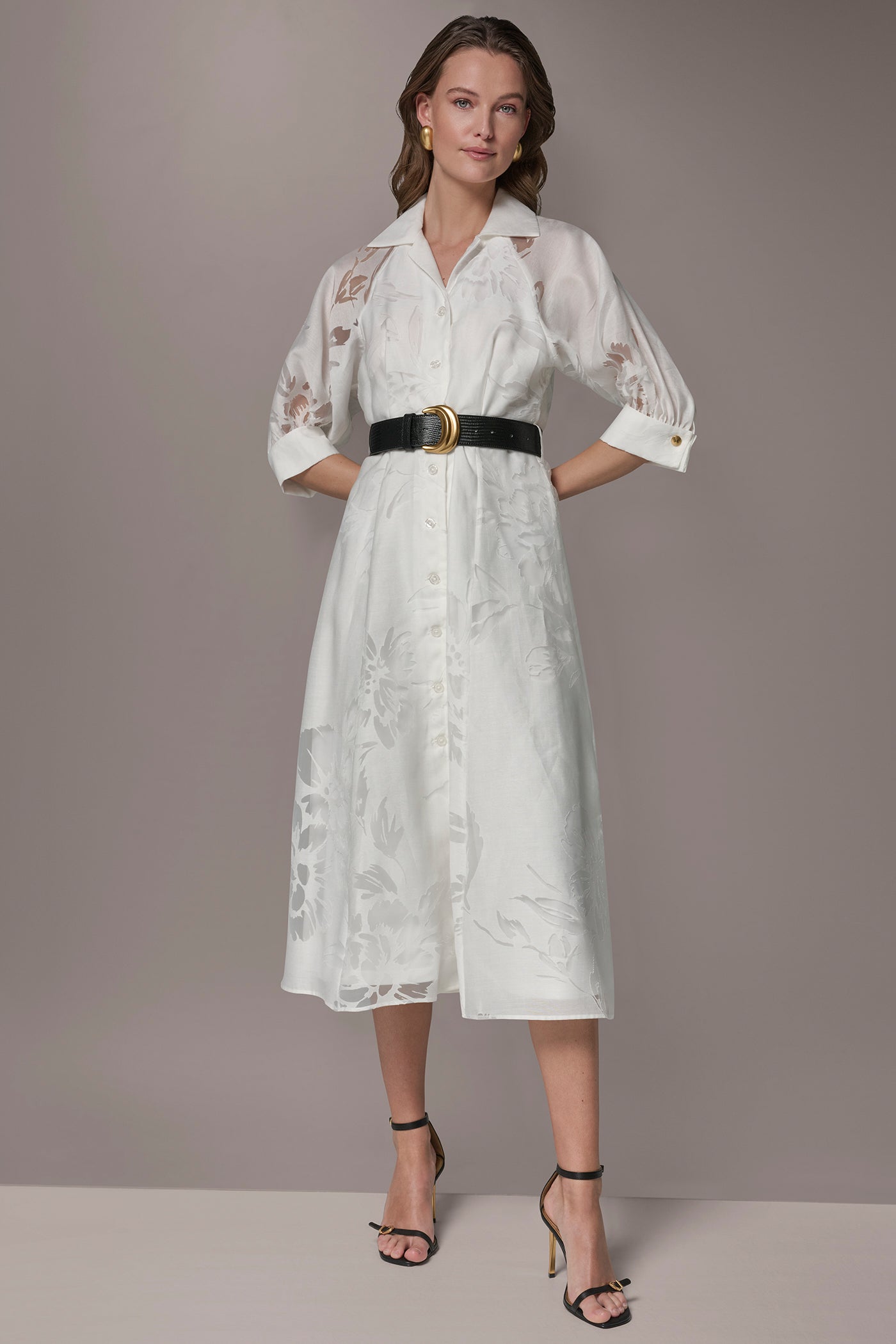 Donna Karan Women's Floral-Jacquard Midi Shirt Dress in Cream Donna Karan Women's Floral-Jacquard Midi Shirt Dress in Cream