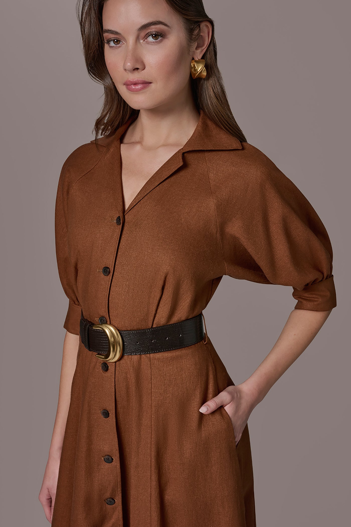 Donna Karan Women's Linen-Blend Midi Shirt Dress in Cognac Donna Karan Women's Linen-Blend Midi Shirt Dress in Cognac