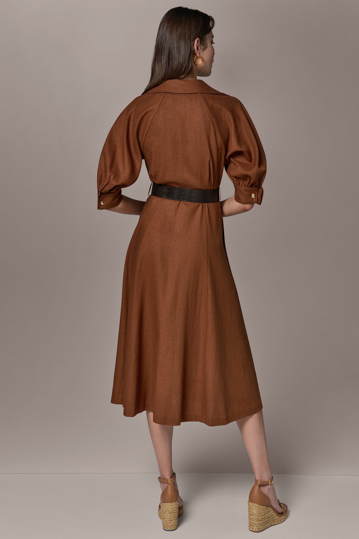 Donna Karan Women's Linen-Blend Midi Shirt Dress in Cognac Donna Karan Women's Linen-Blend Midi Shirt Dress in Cognac