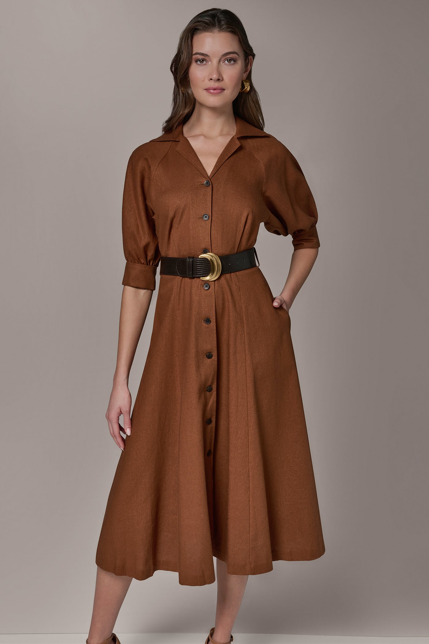 Donna Karan Women's Linen-Blend Midi Shirt Dress in Cognac Donna Karan Women's Linen-Blend Midi Shirt Dress in Cognac