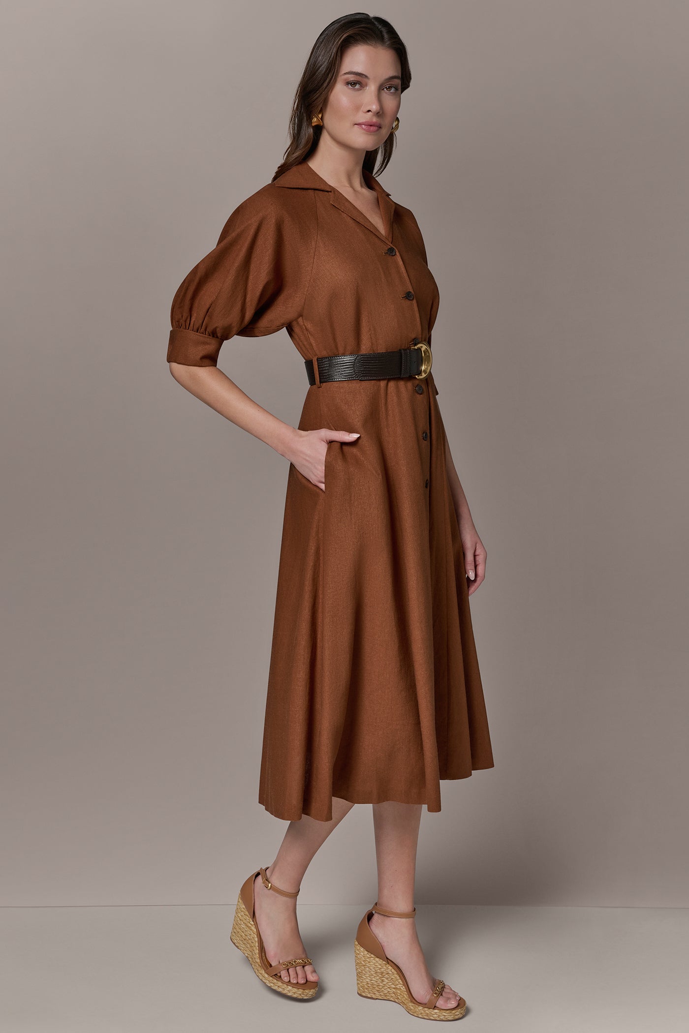Donna Karan Women's Linen-Blend Midi Shirt Dress in Cognac Donna Karan Women's Linen-Blend Midi Shirt Dress in Cognac