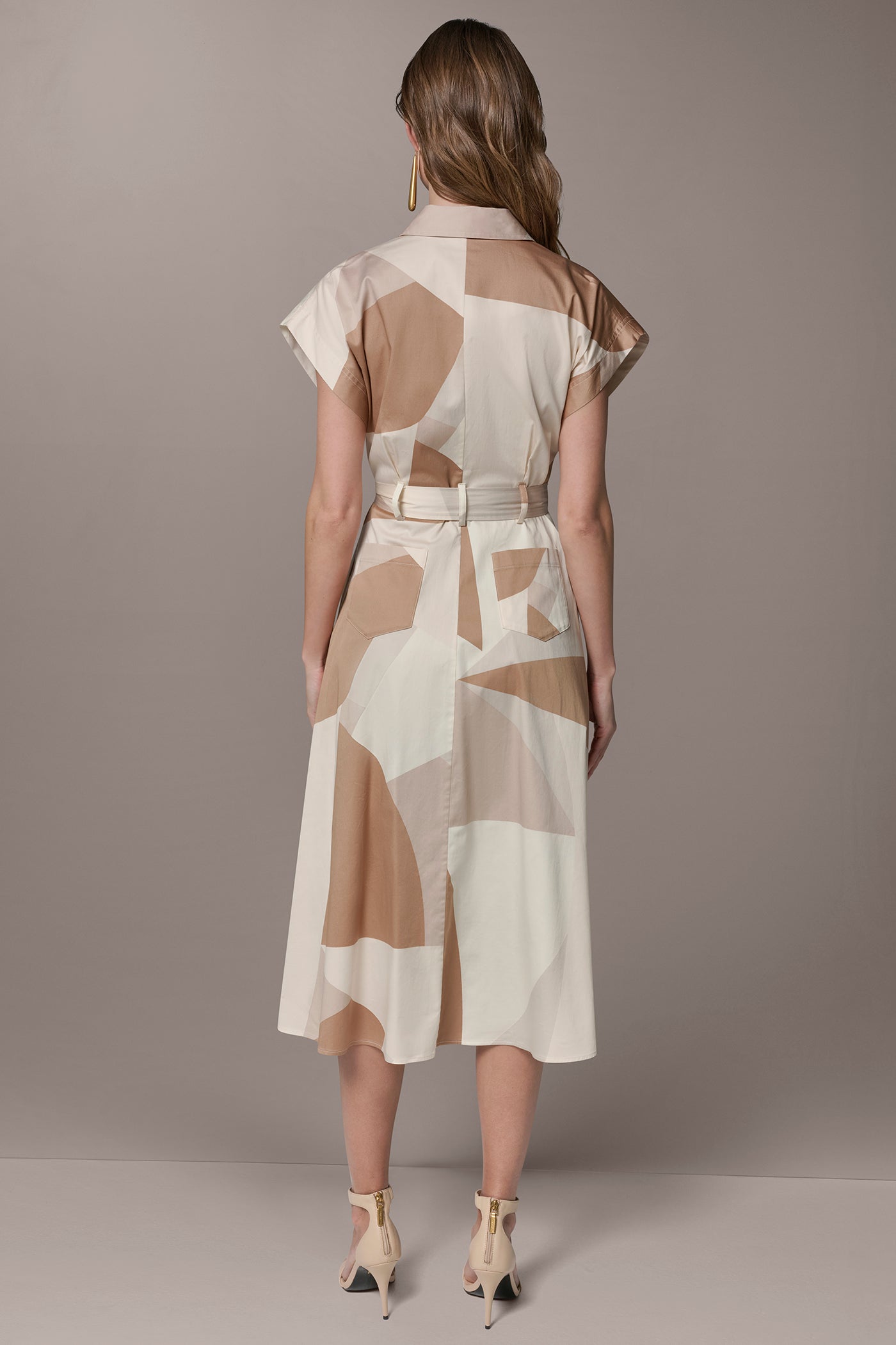 beige shirt dress midi Beige Puff Sleeve Belted Midi Shirt Dress