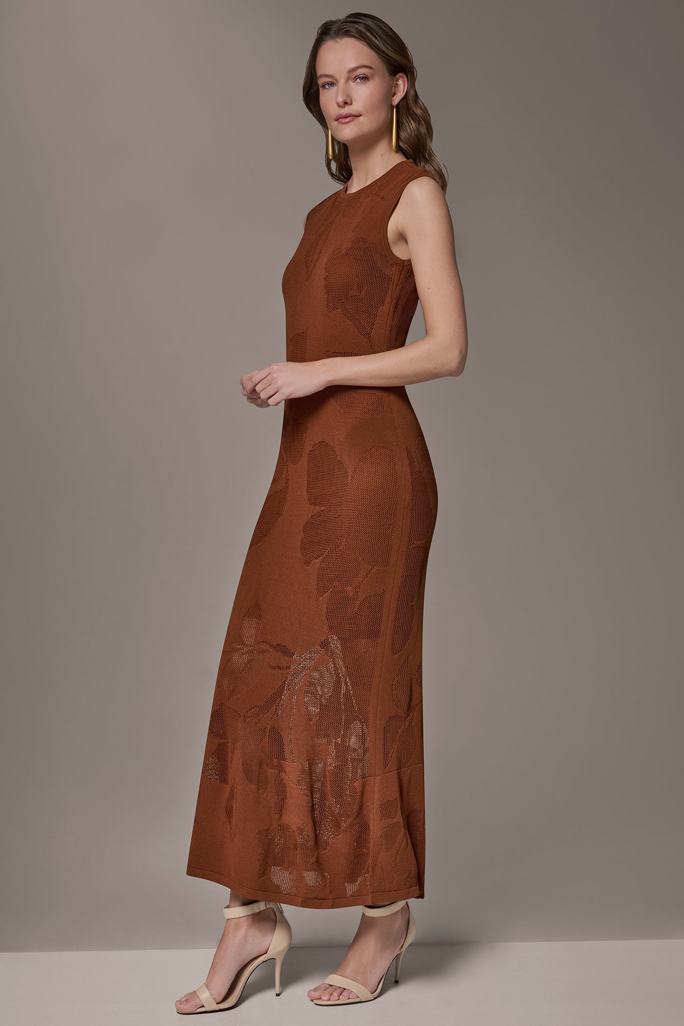 Donna Karan Women's Floral-Jacquard Midi Sweater Dress in Cognac Donna Karan Women's Floral-Jacquard Midi Sweater Dress in Cognac