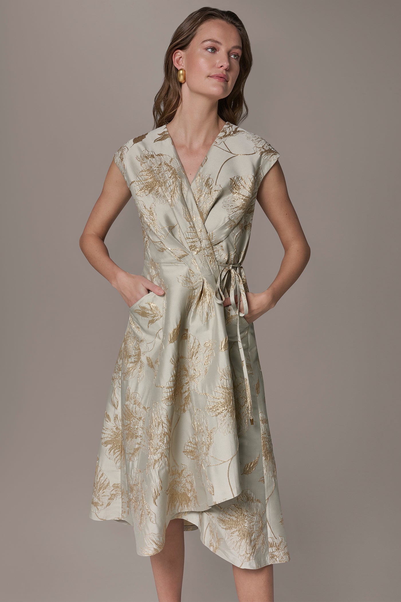 Donna Karan Women's Floral-Jacquard Midi Wrap Dress in Turin/Tuscan Grey Beige, Size 2