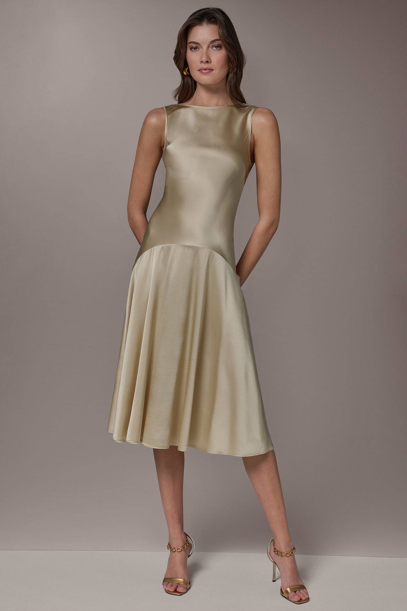 Donna Karan Women's Silk-Charmeuse Midi A-Line Dress in Light Gold Donna Karan Women's Silk-Charmeuse Midi A-Line Dress in Light Gold