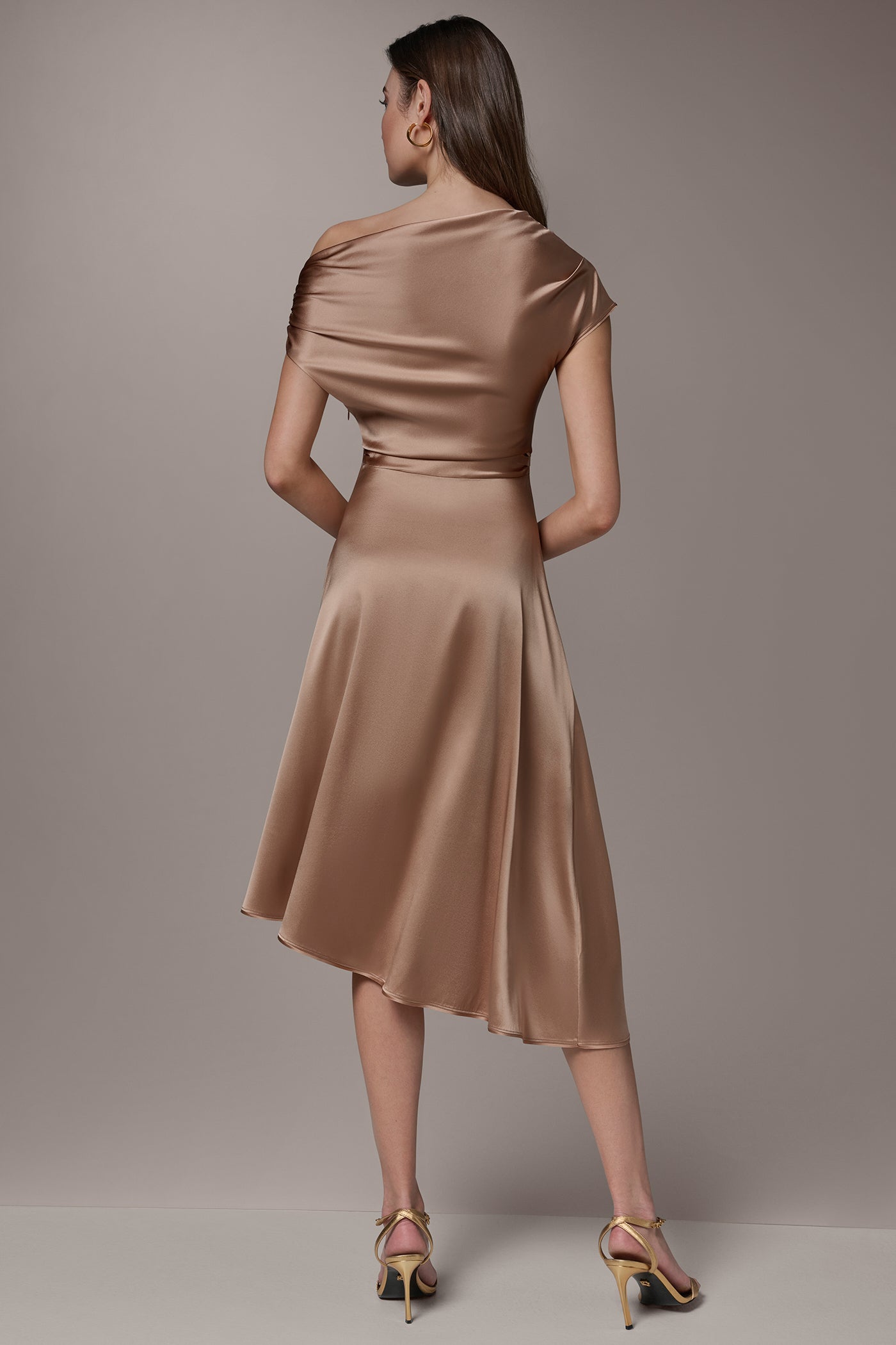 SILK-CHARMEUSE ONE-SHOULDER ASYMMETRIC MIDI A-LINE DRESS | View 2 | Joan Edit