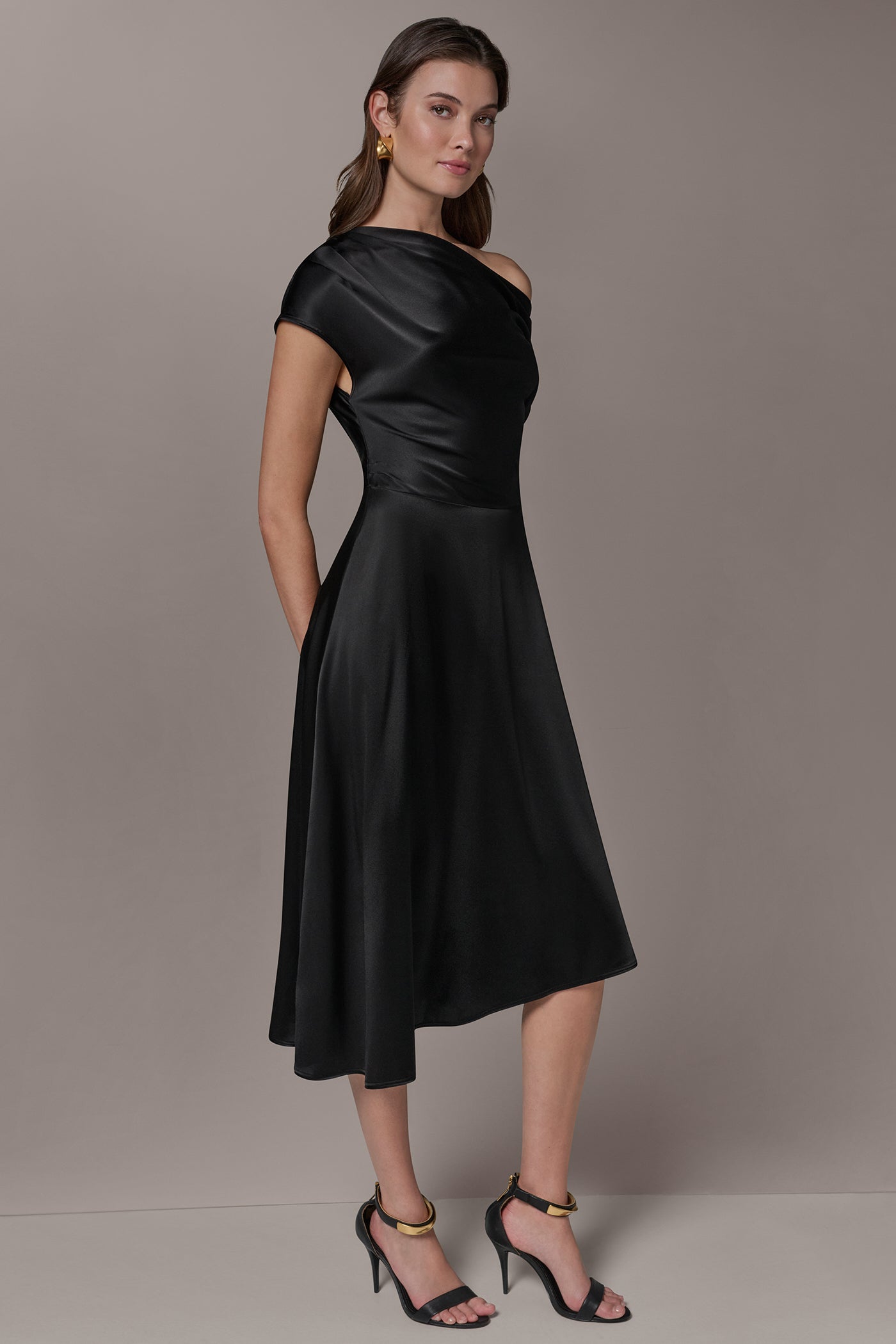 Donna Karan Women's Silk-Charmeuse Midi A-Line Dress in Black Donna Karan Women's Silk-Charmeuse Midi A-Line Dress in Black