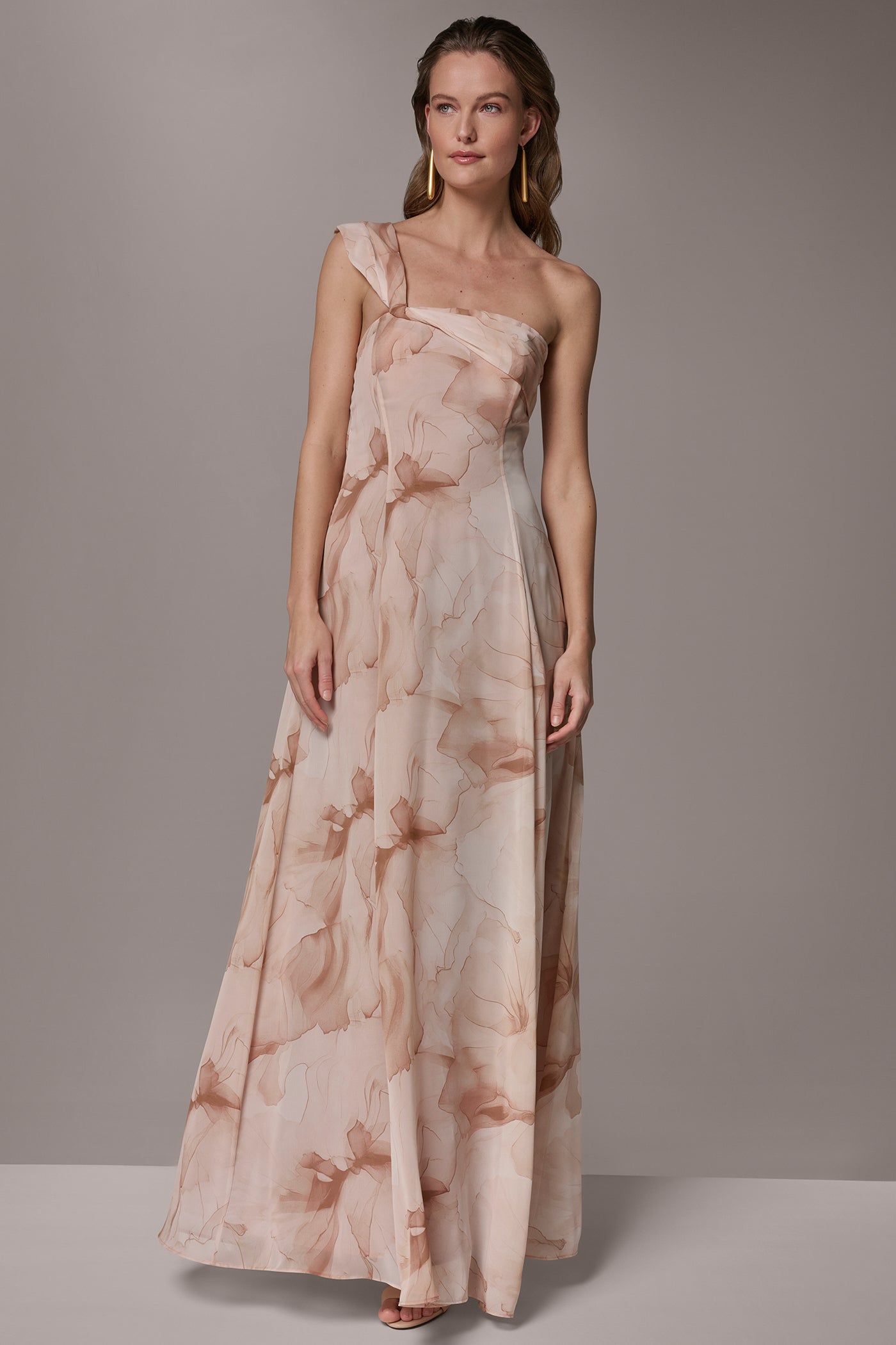 CHIFFON FLORAL ONE-SHOULDER TWIST BALL GOWN | View 1 | Dresses & Jumpsuits