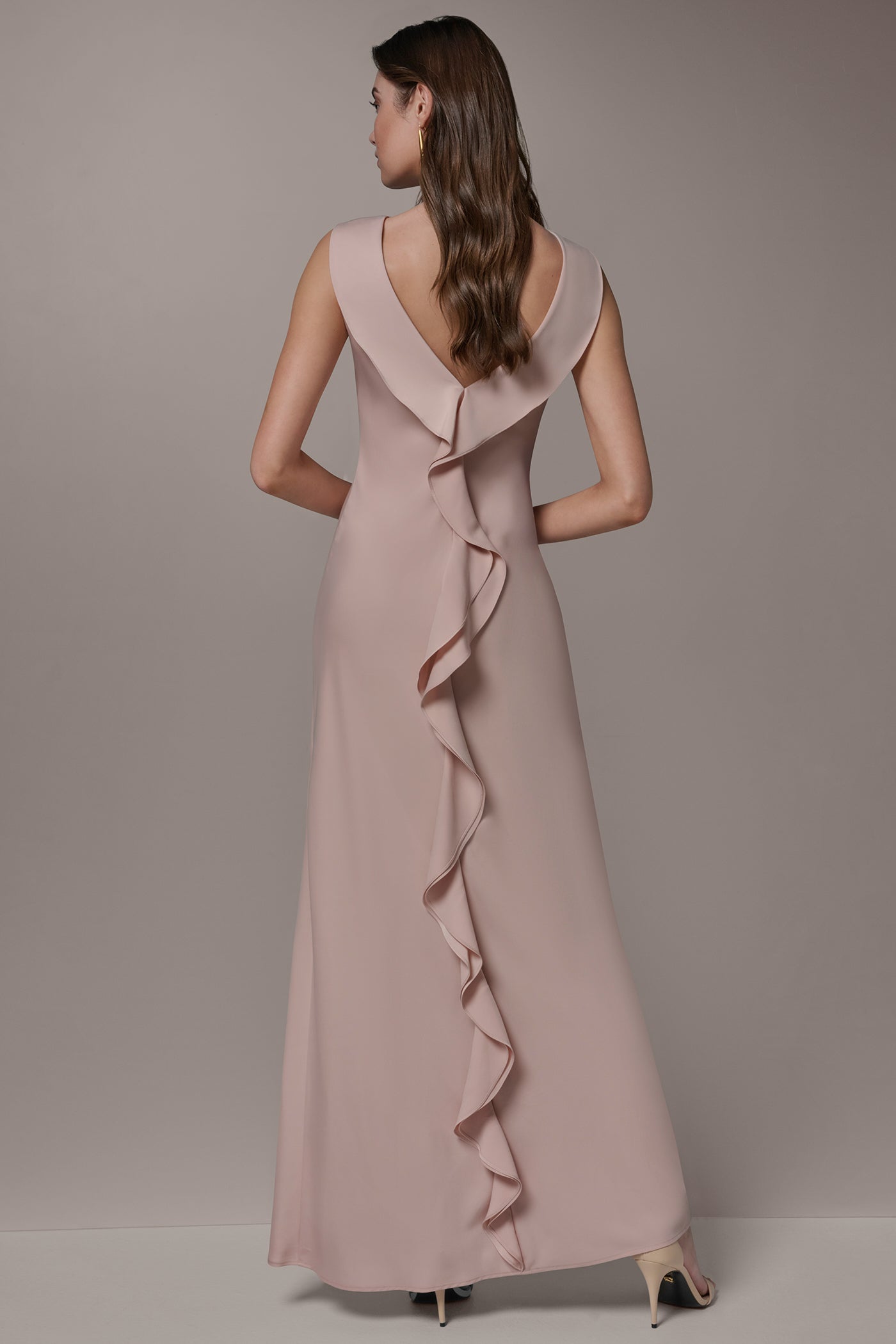 Donna Karan Women's Satin Ruffle Back Gown in Snow Petal Donna Karan Women's Satin Ruffle Back Gown in Snow Petal