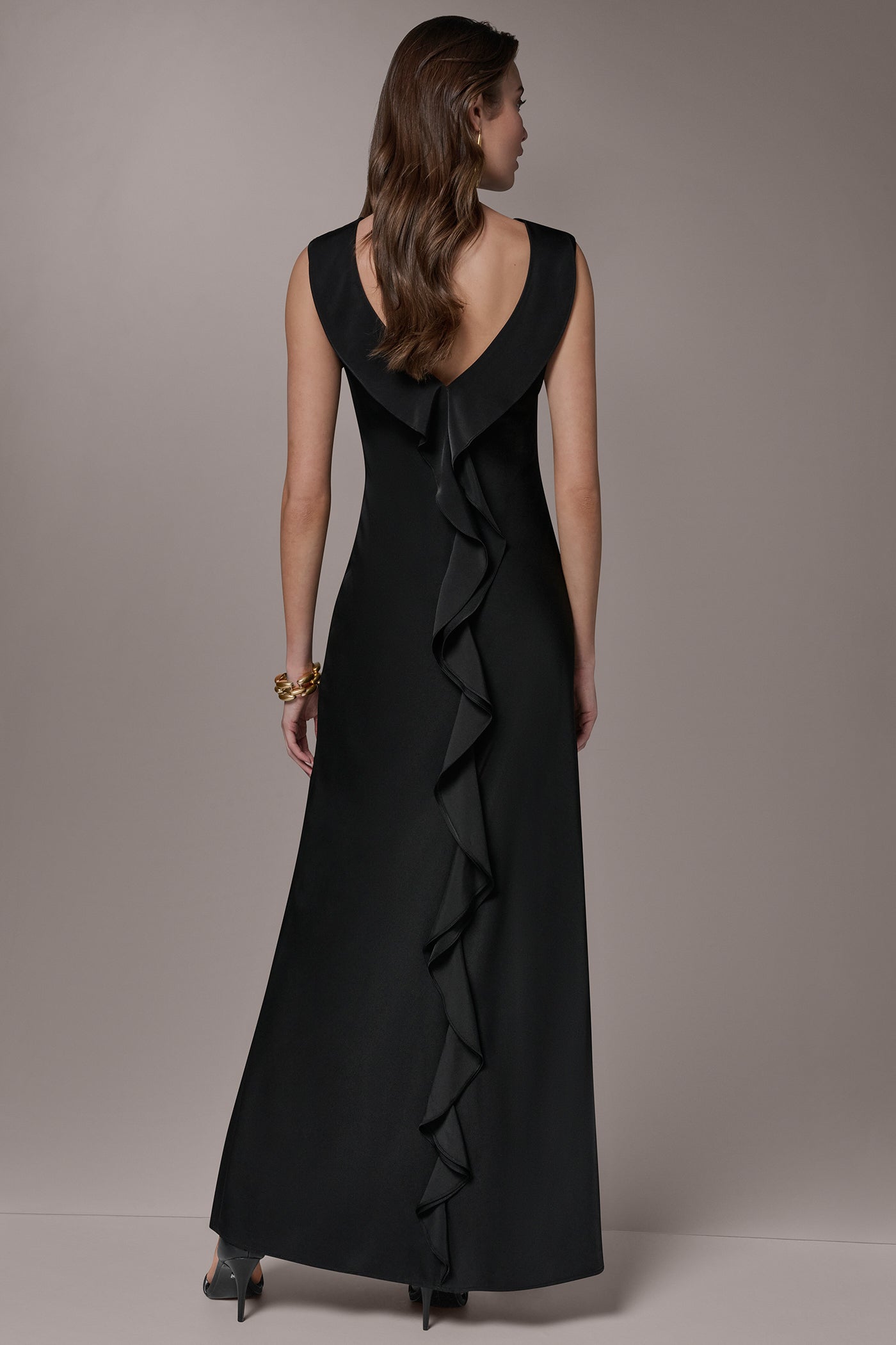 Donna Karan Women's Satin Ruffle Back Gown in Black Donna Karan Women's Satin Ruffle Back Gown in Black