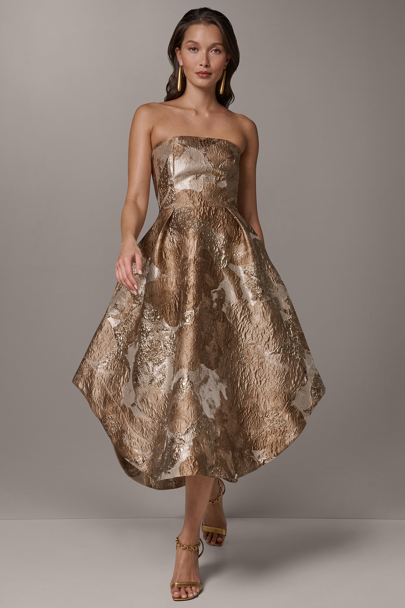 BROCADE STRAPLESS PLEATED MIDI GOWN | View 1 | Dresses & Jumpsuits