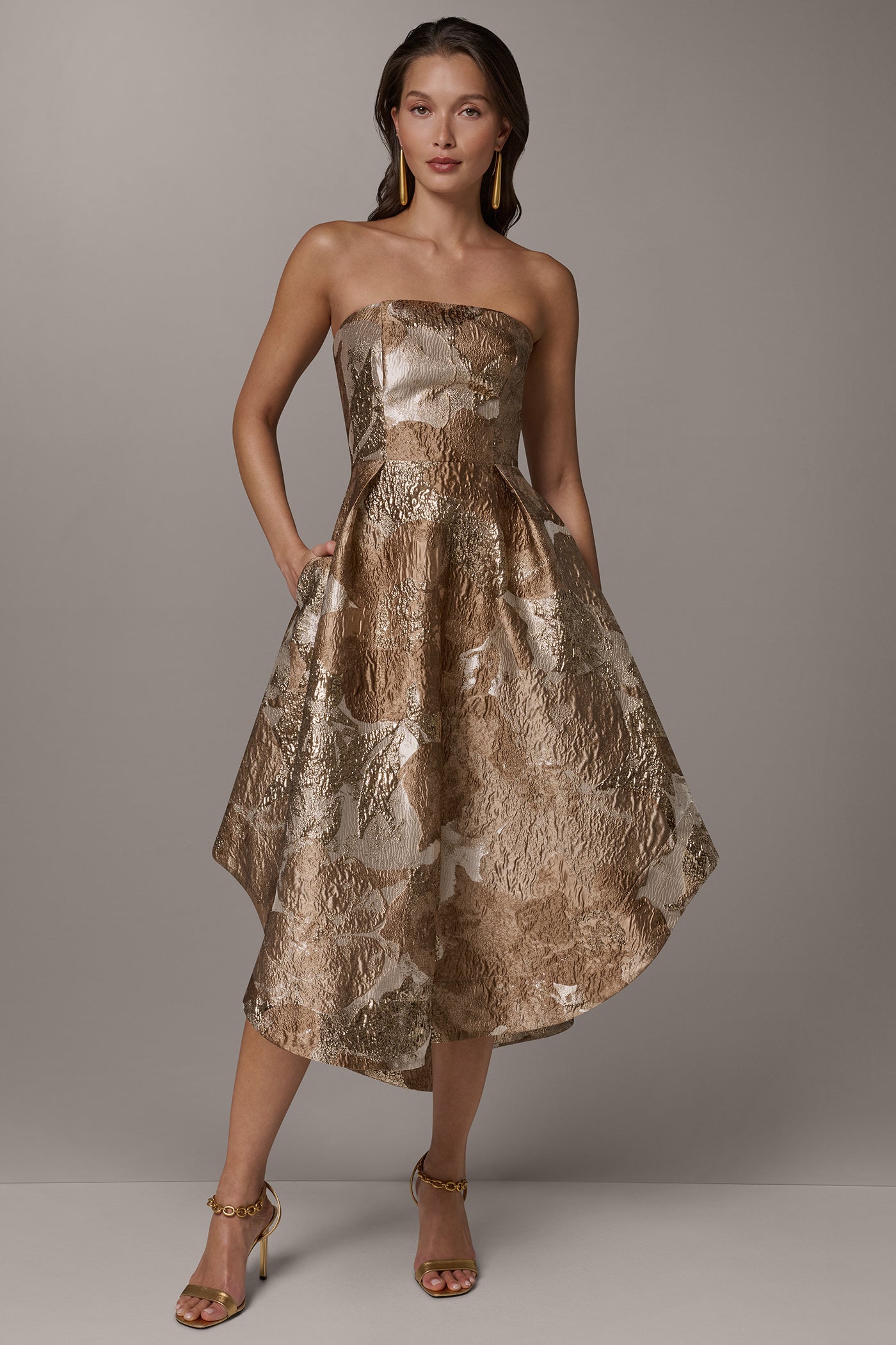 BROCADE STRAPLESS PLEATED MIDI GOWN VIEW 10 | Dresses & Jumpsuits