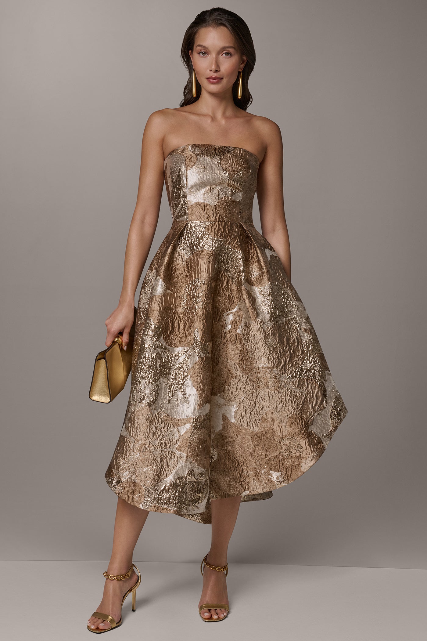 Brocade Strapless Pleated Midi Gown | Fit and Flare