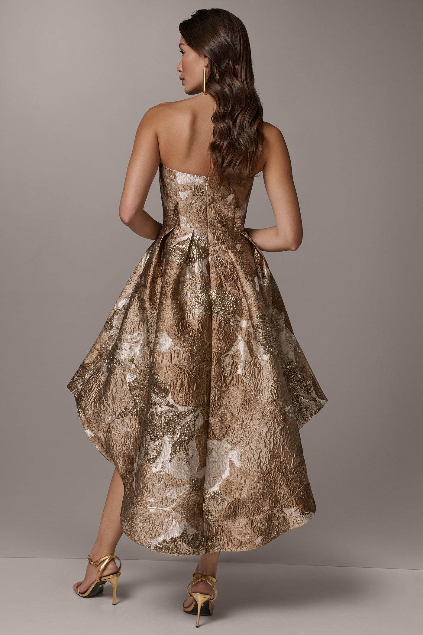BROCADE STRAPLESS PLEATED MIDI GOWN | View 2 | Dresses & Jumpsuits