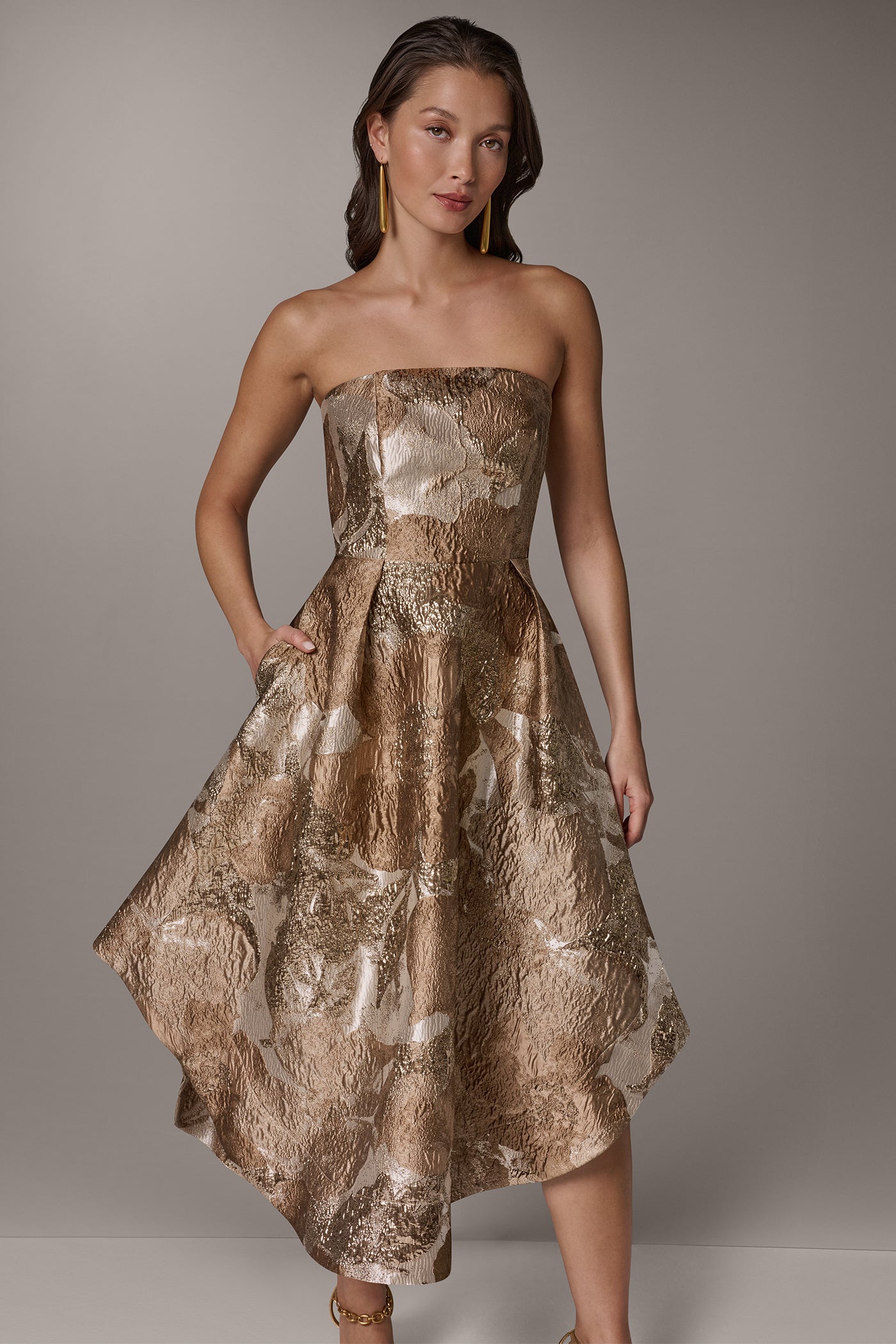 BROCADE STRAPLESS PLEATED MIDI GOWN VIEW 5 | Dresses & Jumpsuits