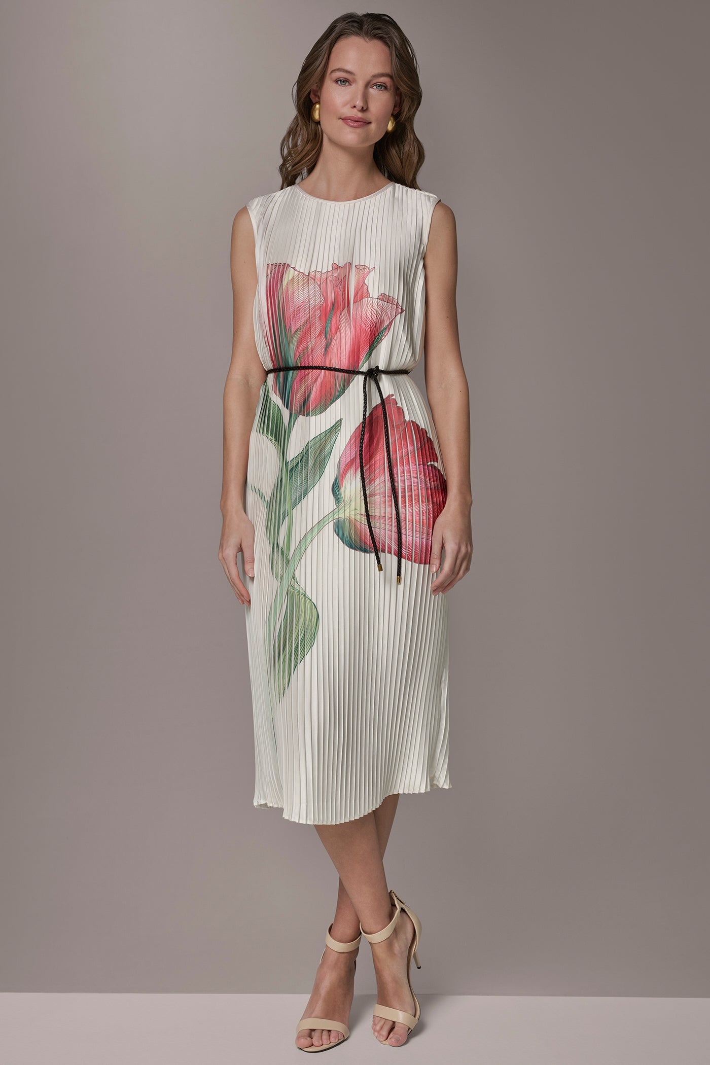Donna Karan Women's Floral Pleated Midi A-Line Dress in Geranium Multi Donna Karan Women's Floral Pleated Midi A-Line Dress in Geranium Multi